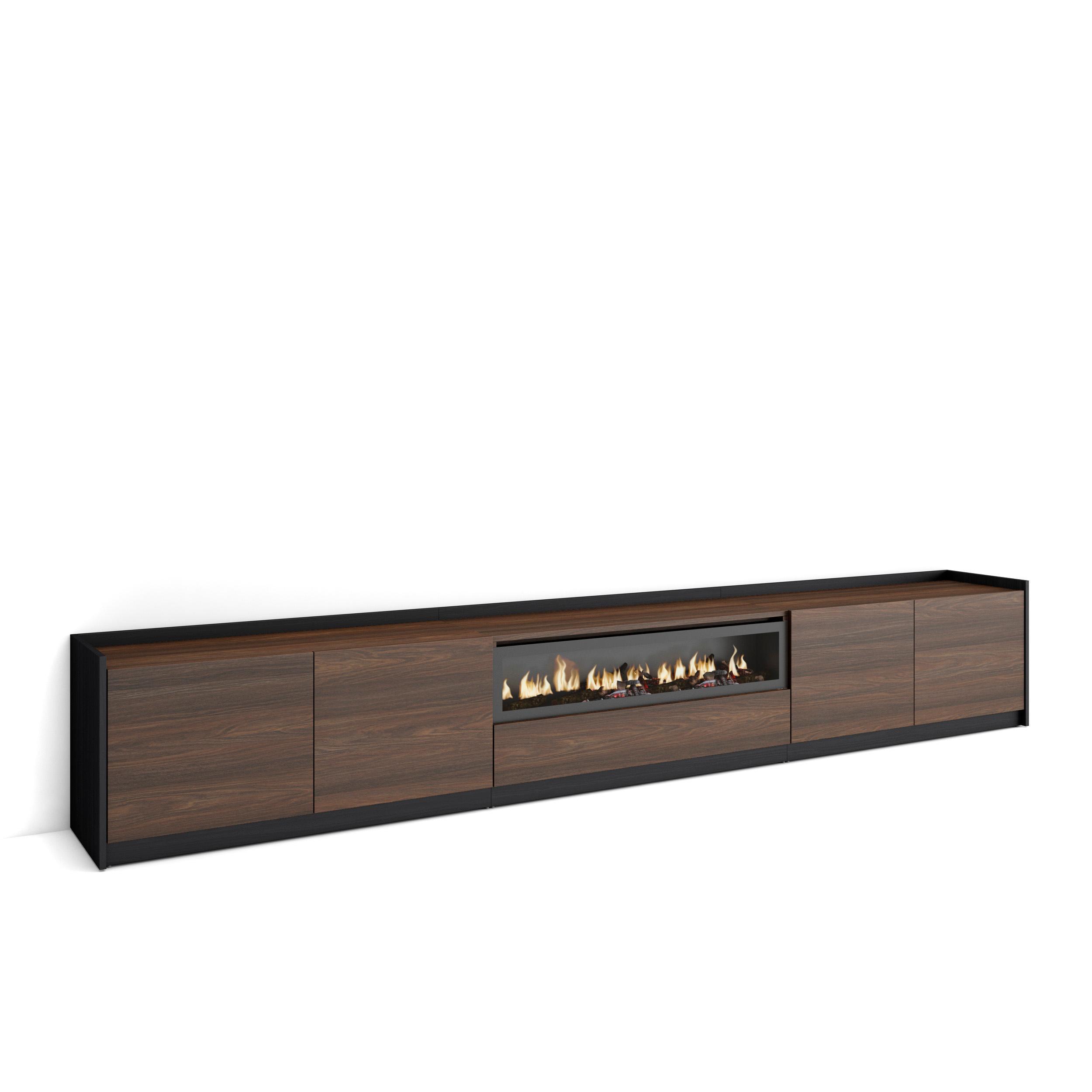 LOWBOARD, Dunkler Eiche und Schwarz, Elektrokamin, 310/37/50cm - Hellbraun, Holzwerkstoff (310/50/37cm) - Skraut Home