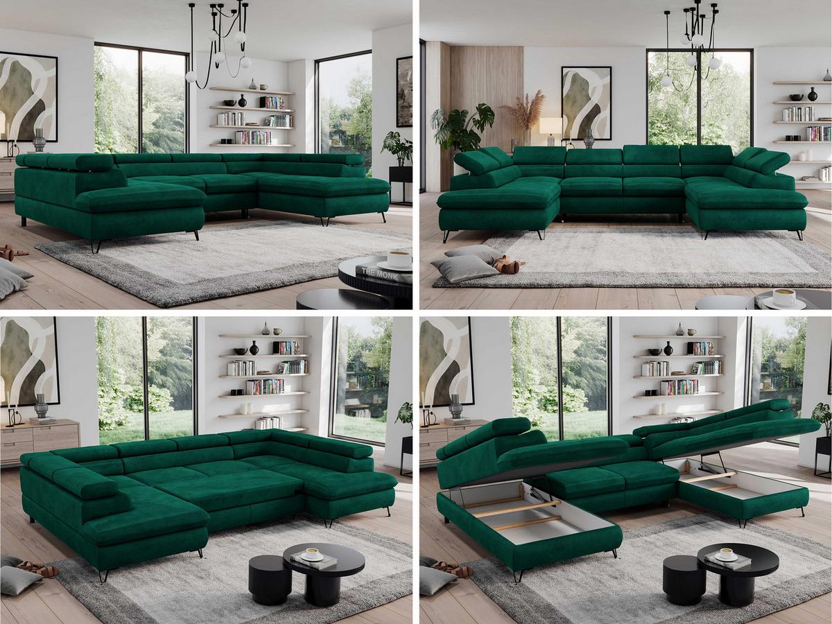 WOHNLANDSCHAFT PEDRO U Velvet Grün - Schwarz/Grün, Textil/Metall (346/76/208cm) - MKS