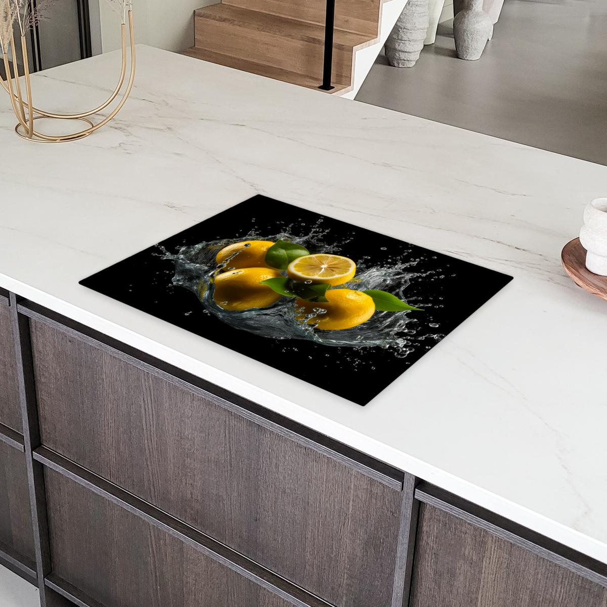 HERDABDECKPLATTE Zitrone - Obst - Gelb - Schwarz Herdabdeckung Induktionsfeld 70x52 cm - Gelb, Kunststoff (70/52/0.2cm) - MuchoWow