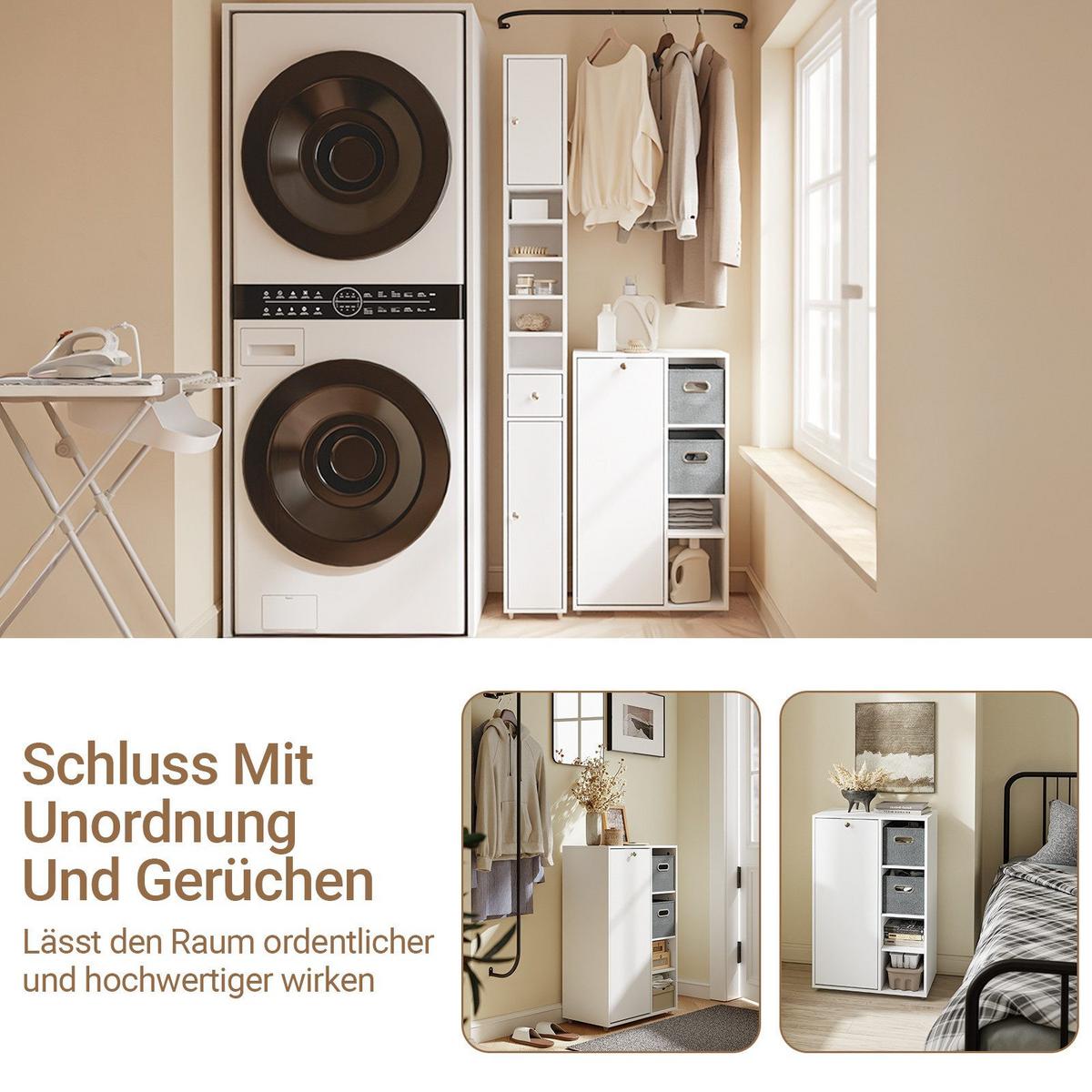 BADEZIMMERSCHRANK mit Wäschekorb und 2 Stoffschubladen 50x85x30 cm - Weiß, Holzwerkstoff (50/85/30cm) - SoBuy