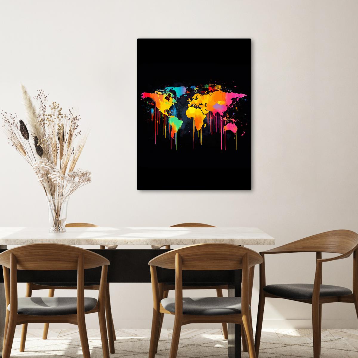 LEINWANDBILD Weltkarte - Farbe - Bunt - Graffiti - Welt Wandbild Wohnzimmer 60x80 cm - Multicolor, Textil (60/80cm) - MuchoWow