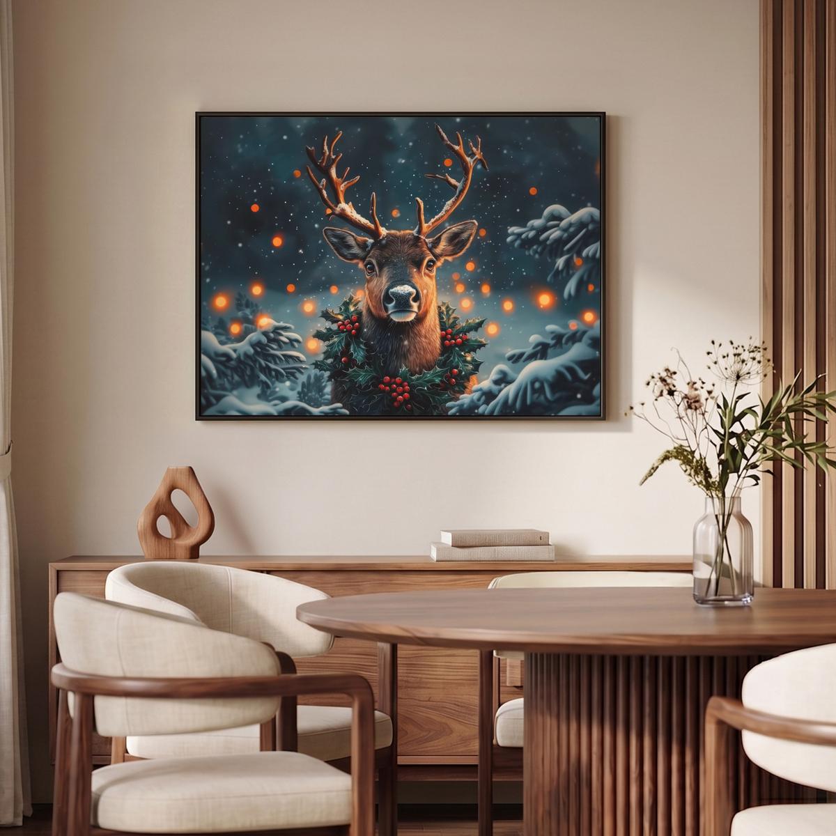 LEINWAND Bilder mit Rahmen - Hirsch - Weihnachten - Winter - Schnee - Weihnachtskranz - 100x70 - Dunkelbraun, Textil (100/70cm) - MuchoWow