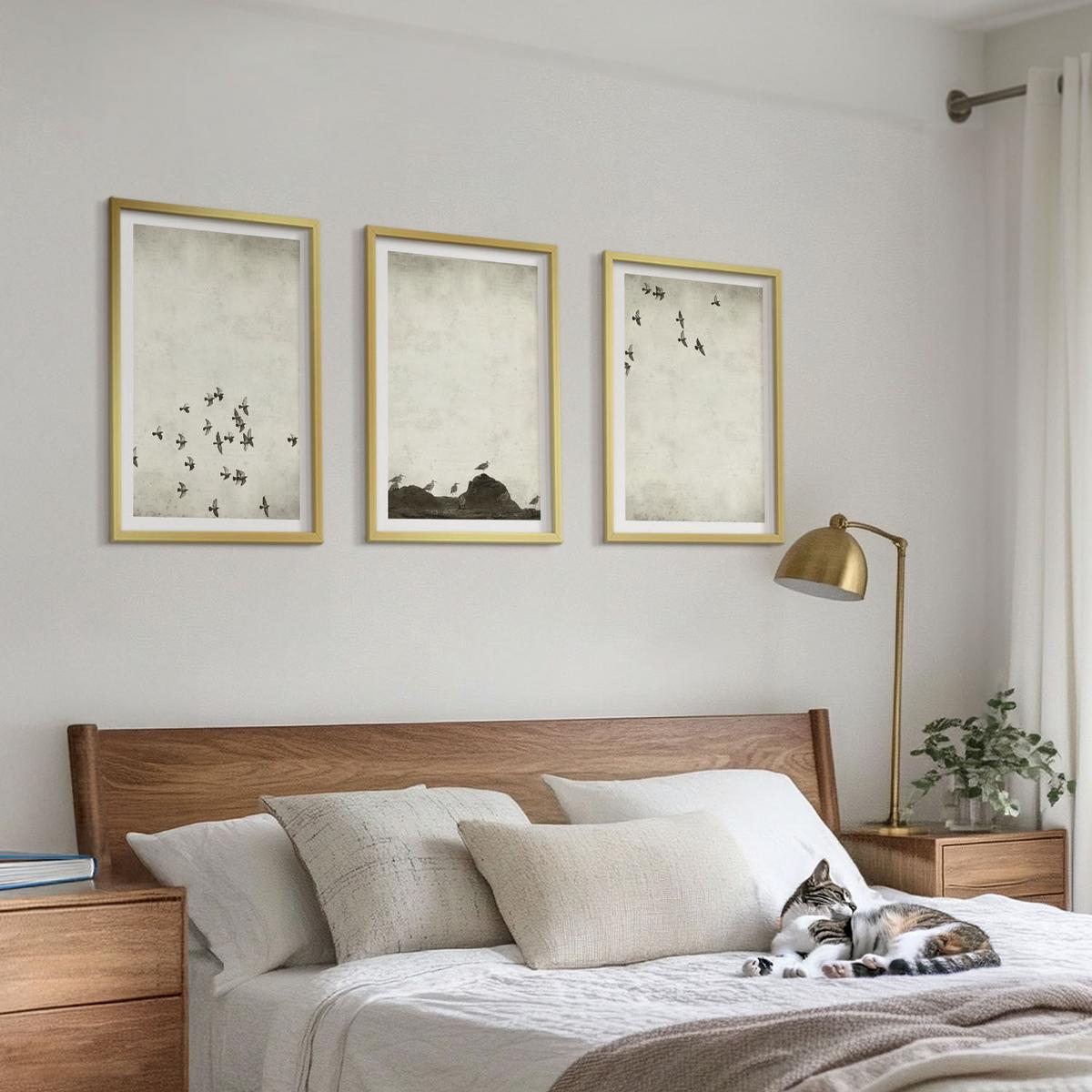 BILDER SET 3er Set - 40x60 cm Goldrahmen - Vögel im Flug, minimalistischer Stil - Goldfarben, Kunststoff (40/60cm) - TULUP
