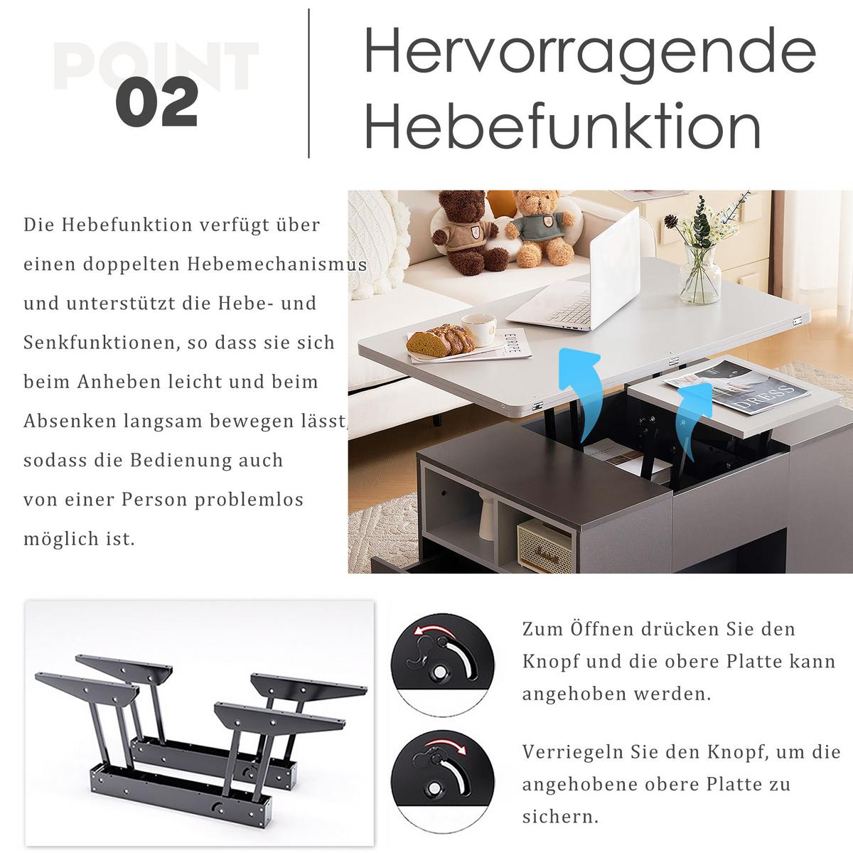 COUCHTISCH Grau Mit Lift-Top-Funktion & multifunktionalem Stauraum - Grau, Holzwerkstoff (51/100/47cm) - Urban Meuble