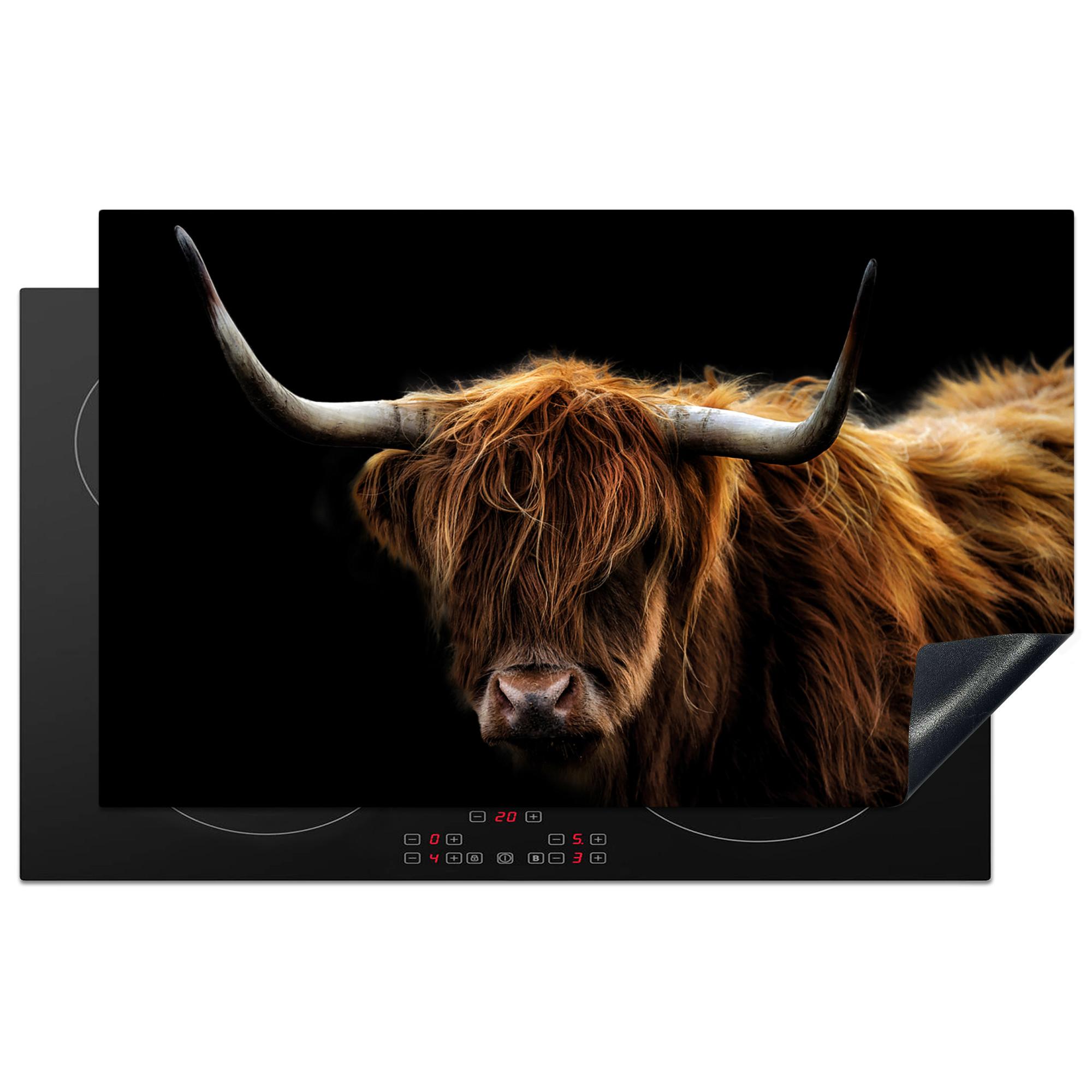 HERDABDECKPLATTE Schottischer Highlander - Hörner - Schwarz - Tiere - Natur - Wild - Kuh Ceranfeldabdeckung 85x52 cm - Cognac, Kunststoff (85/52/0.2cm) - MuchoWow