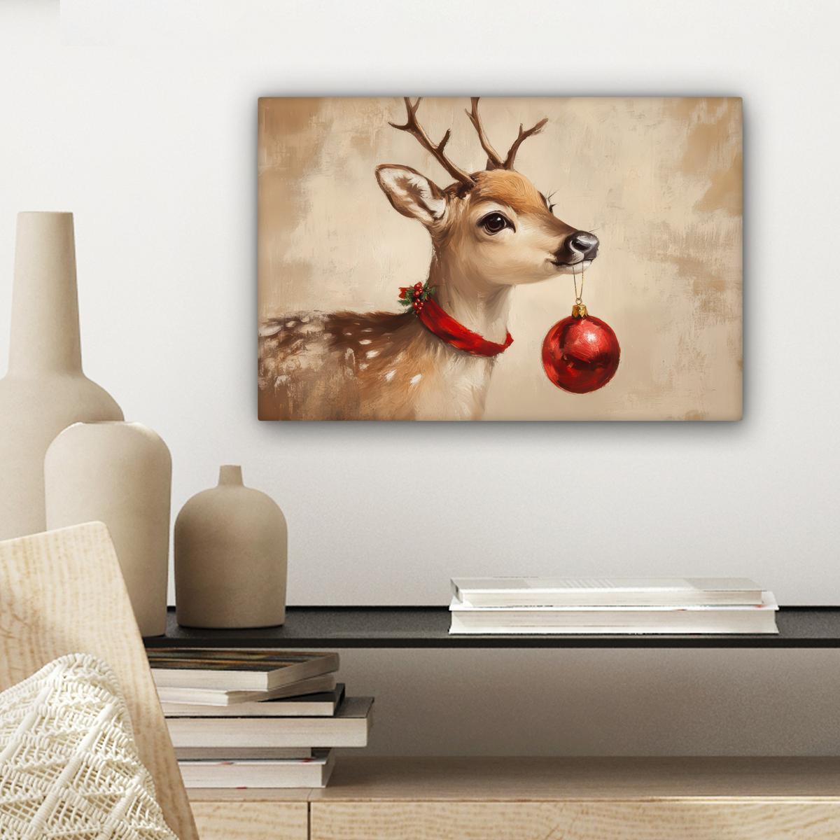 LEINWANDBILD Weihnachten - Hirsch - Geweih - Weihnachtskugel - Rentier Deko Schlafzimmer 30x20 cm - Hellbraun, Textil (30/20cm) - MuchoWow