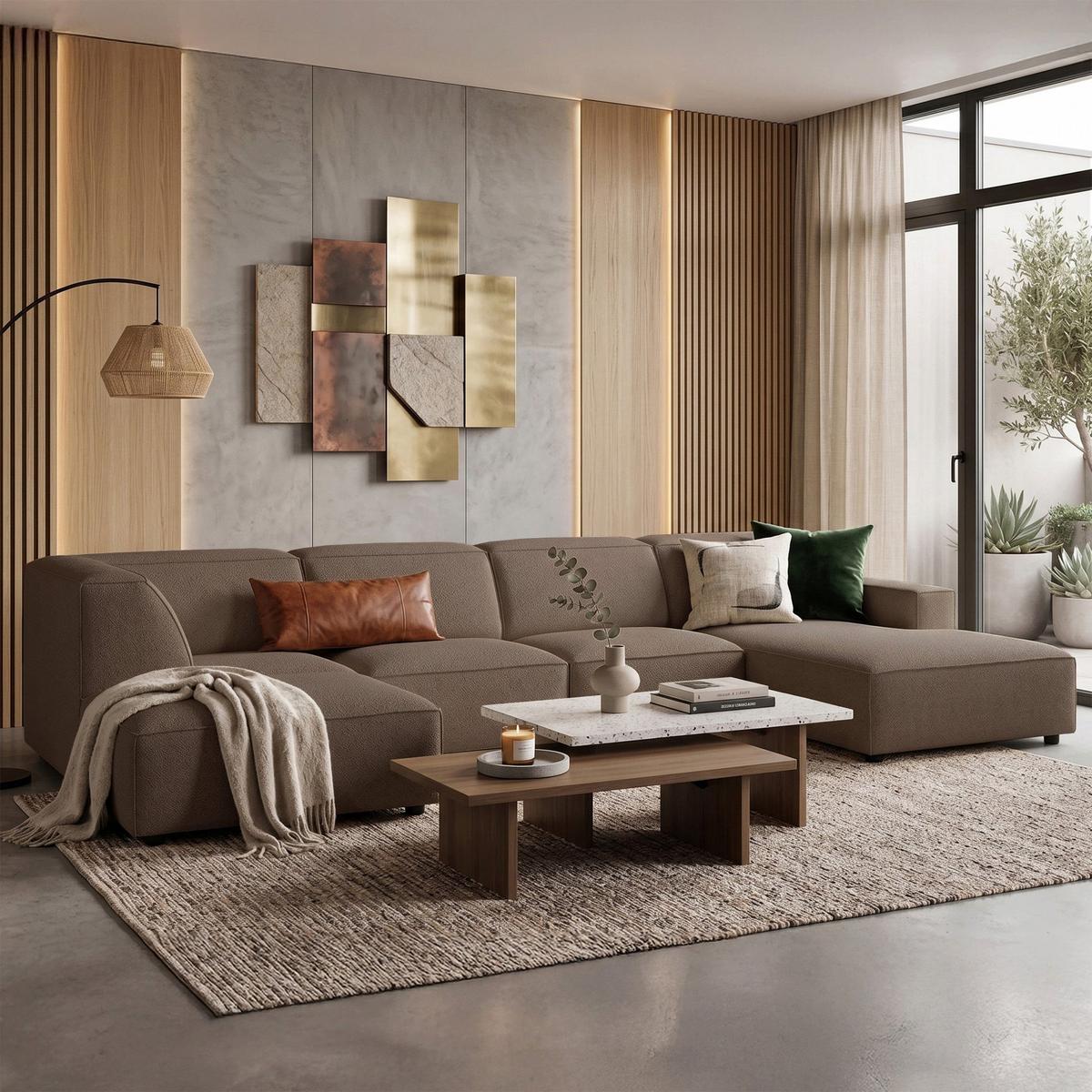 WOHNLANDSCHAFT Sellmo 366 cm - Hellbraun/Schwarz, Kunststoff/Textil (370/70/184cm) - Selsey