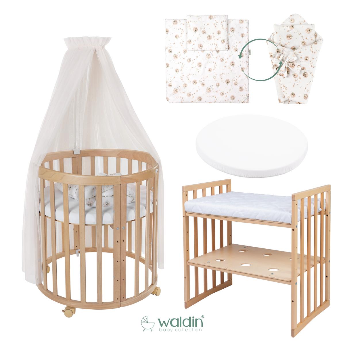 BABYBETT NATUR OVAL 7in1 mit Matratze und Himmelset - Champagner/Naturfarben, Holz/Textil (73/125cm) - waldin