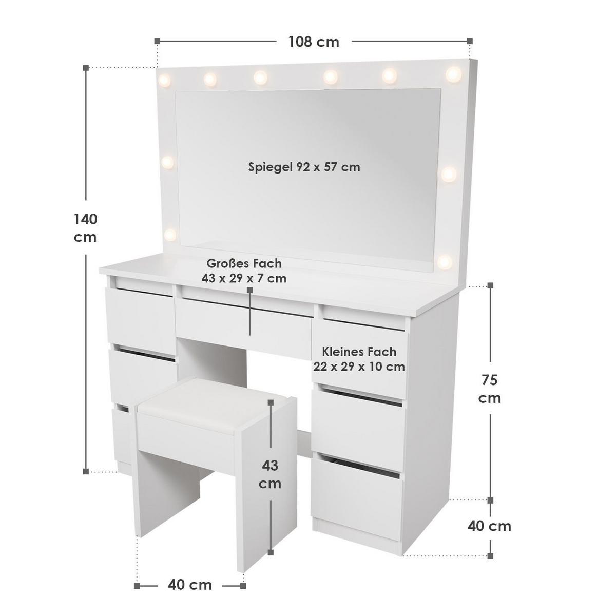 SCHMINKTISCH Lilia weiß mit LED-Beleuchtung und Hocker Melly - Weiß, Holz (108/140/41cm) - Juskys