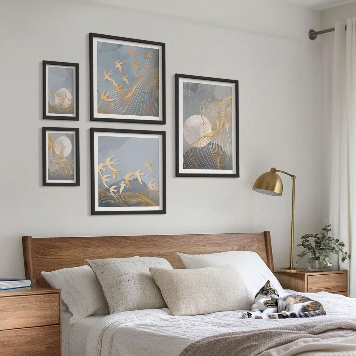 BILDER SET 5er Set - 50x50 cm & 20x30 cm & 40x60 cm Schwarzer Rahmen - Abstrakte Wellenkreise, grau - Schwarz, Kunststoff (40/60cm) - TULUP