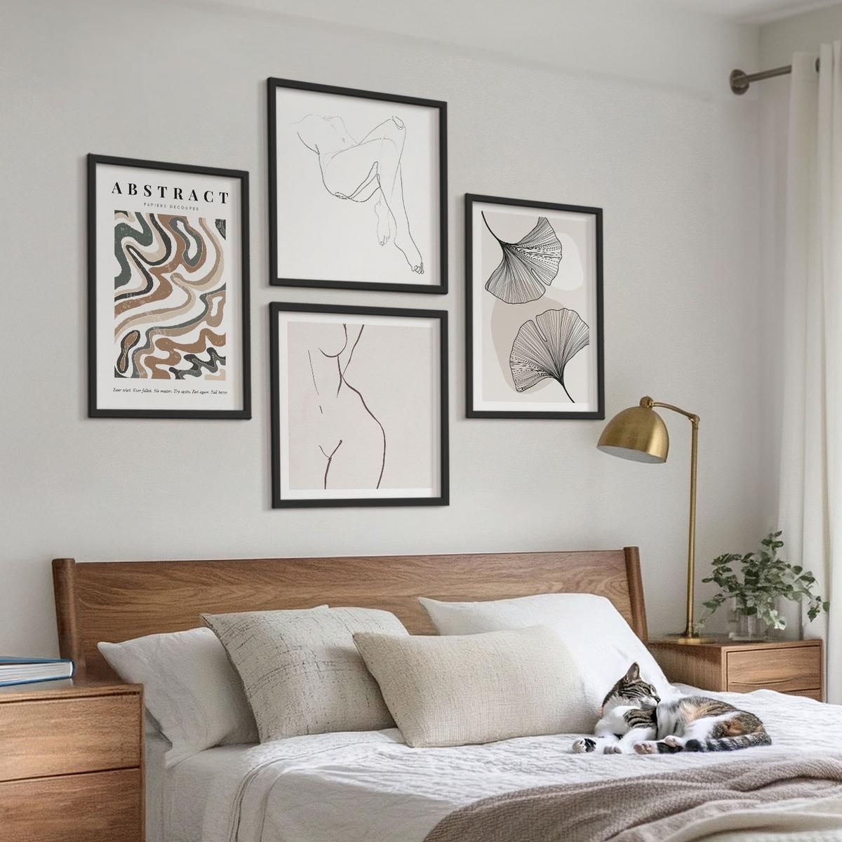 BILDER SET 4er Set - 50x50 cm & 40x60 cm Schwarzer Rahmen - Abstrakte Boho-Blattformen - Schwarz, Kunststoff (50/50cm) - TULUP