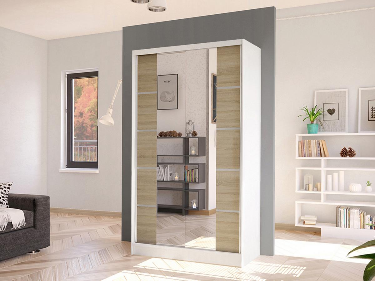 SCHWEBETÜRENSCHRANK Diego V - Weiß/Sonoma Eiche, Holzwerkstoff/Metall (100/200/58cm) - MIRJAN24