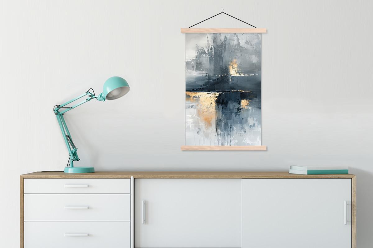 POSTER MIT MAGNETLEISTEN Kunst - Grau - Gold - Abstrakt Wandbild Schlafzimmer 60x90 cm - Dunkelgrau, Textil (60/90/0.15cm) - MuchoWow