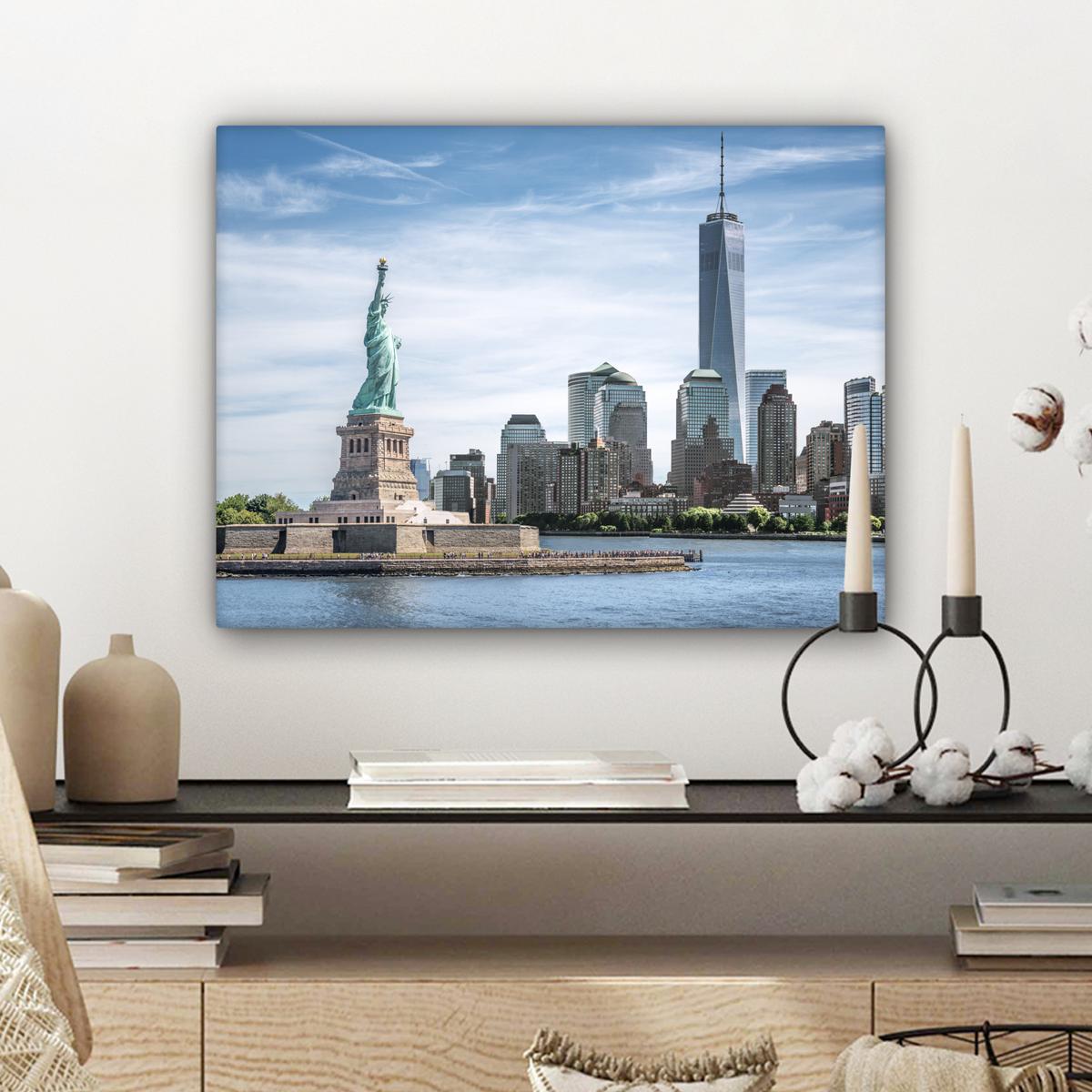 LEINWANDBILD New York - Freiheitsstatue - Wasser Wandbild 40x30 cm - Hellblau, Textil (40/30cm) - MuchoWow