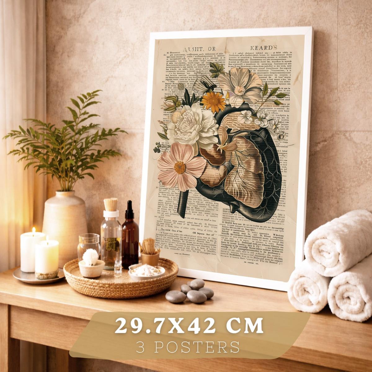 POSTER Set aus 3 Anatomie Mensch Drucke und Wandbilder mit Leber Rippen und Schädel Retro Floraler Stil Wanddekoration Größe Weißer Rahmen A3 - Weiß, Papier (29.7/42/3cm) - Nacnic