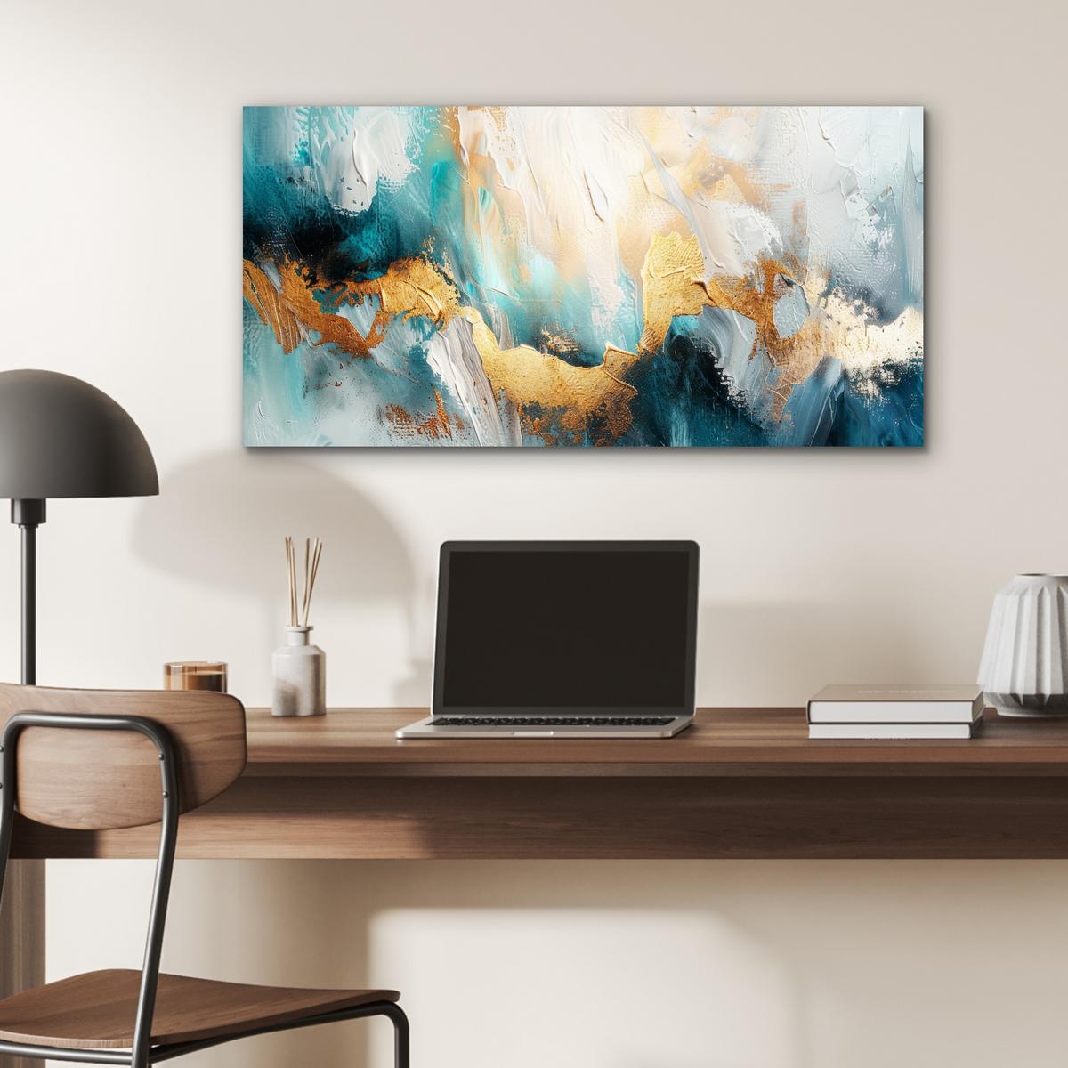 METALLBILD Abstrakt - Kunst - Gold - Blau 80x40 cm - Petrol, Metall (80/40cm) - MuchoWow