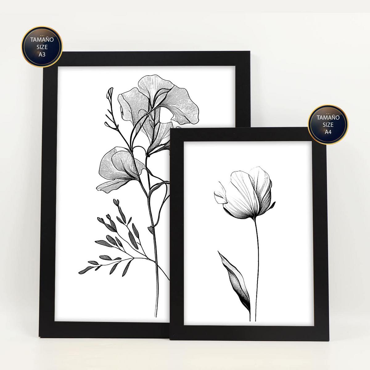 POSTER Set Mit 6 Üppige Blumen Natur Und Botanikdrucke Mit Blumenmotiven In Klassischem Schwarz Und Weiß Innenarchitektur A3 & A4 Schwarzer Rahmen - Schwarz, Papier (29/3cm) - Nacnic
