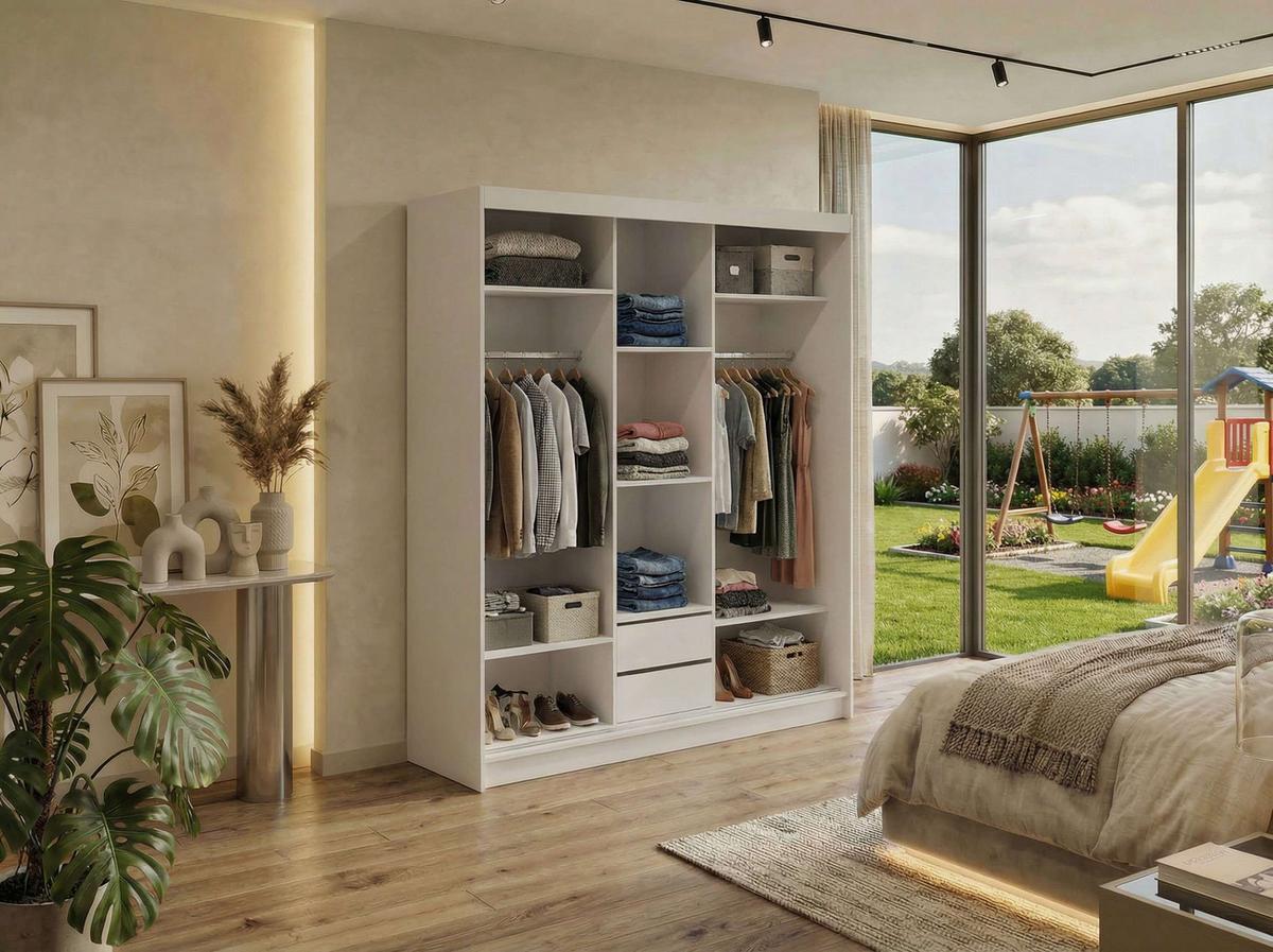 SCHWEBETÜRENSCHRANK mit Schubladen 180 - DUBROWNIK - Weiß mit Spiegel - Alufarben/Weiß, Holzwerkstoff/Metall (180/216/61cm) - MKS