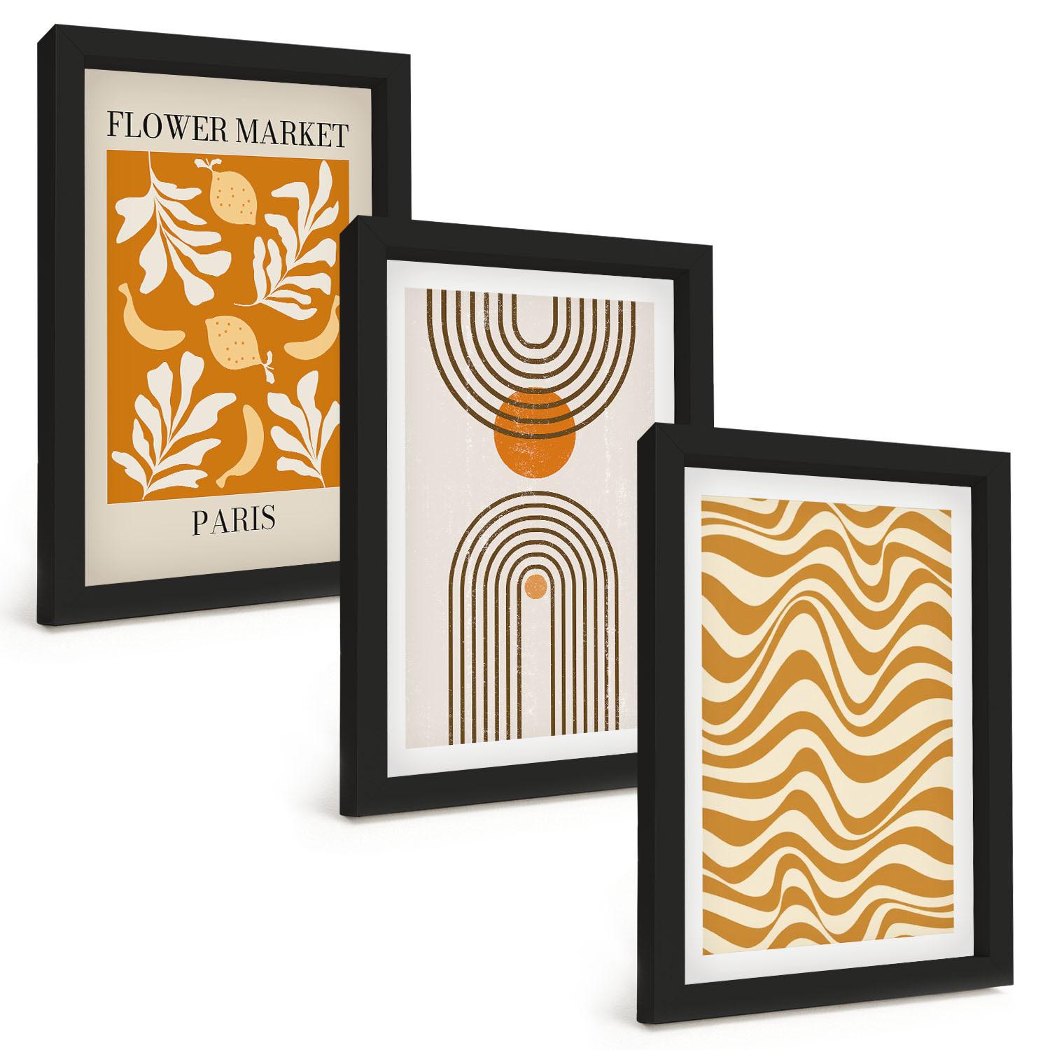 BILDER SET 3er Set - 20x30 cm Schwarzer Rahmen - Poster mit geometrischen Pflanzenmustern - Schwarz, Kunststoff (20/30cm) - TULUP