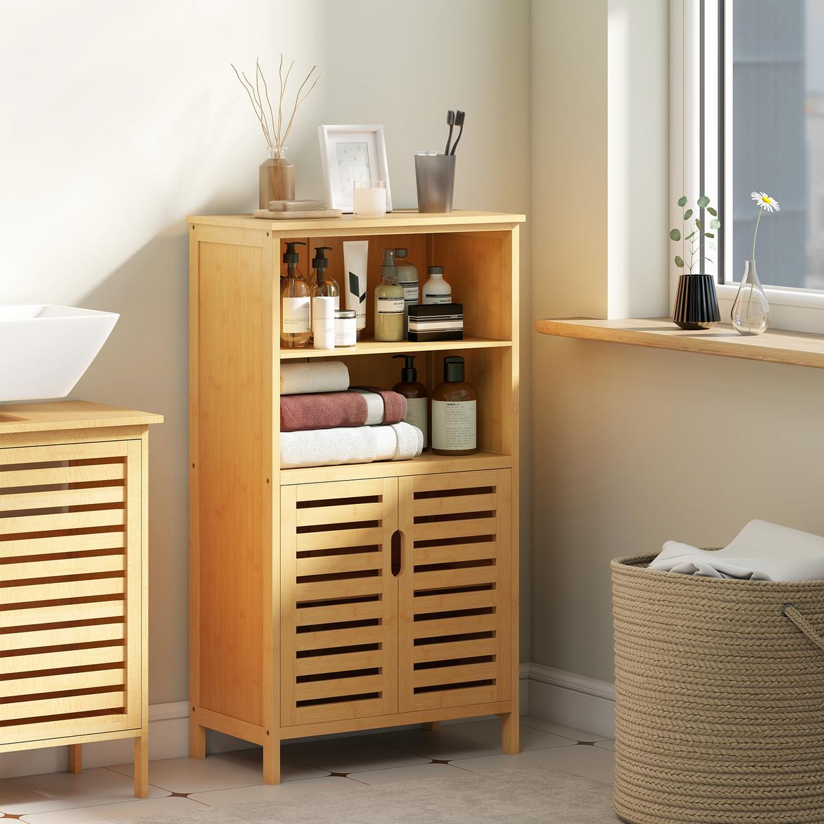 BADEZIMMERSCHRANK, Unterschrank aus Bambus, Badschrank mit Türen, Naturholz - Naturfarben, Holz/Bambusholz (29/92/50cm) - Kleankin
