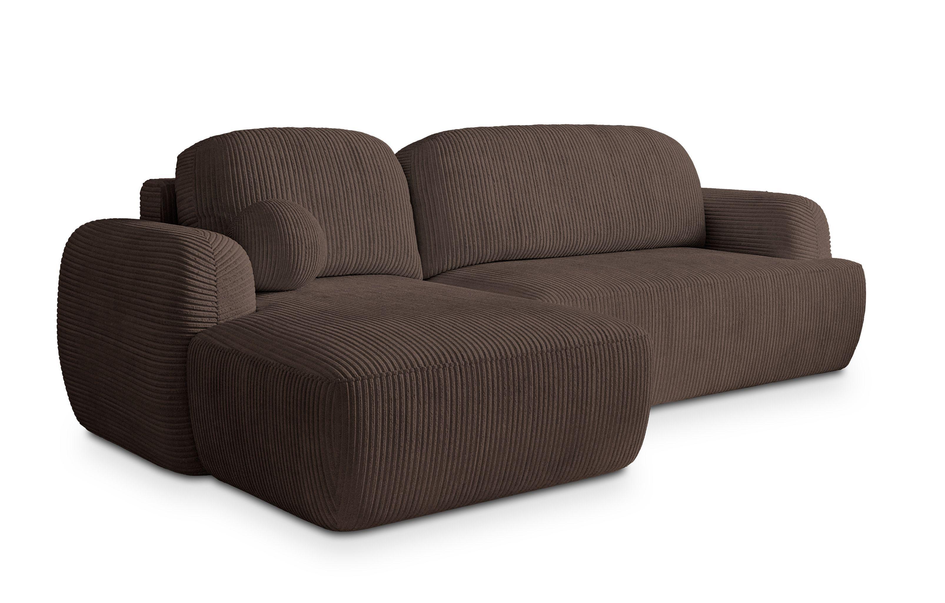 ECKSOFA MODENZA P L-S Braun Kordstoff mit Schlaffunktion - Schwarz/Braun, Holz/Kunststoff (266/148cm) - MASSENO