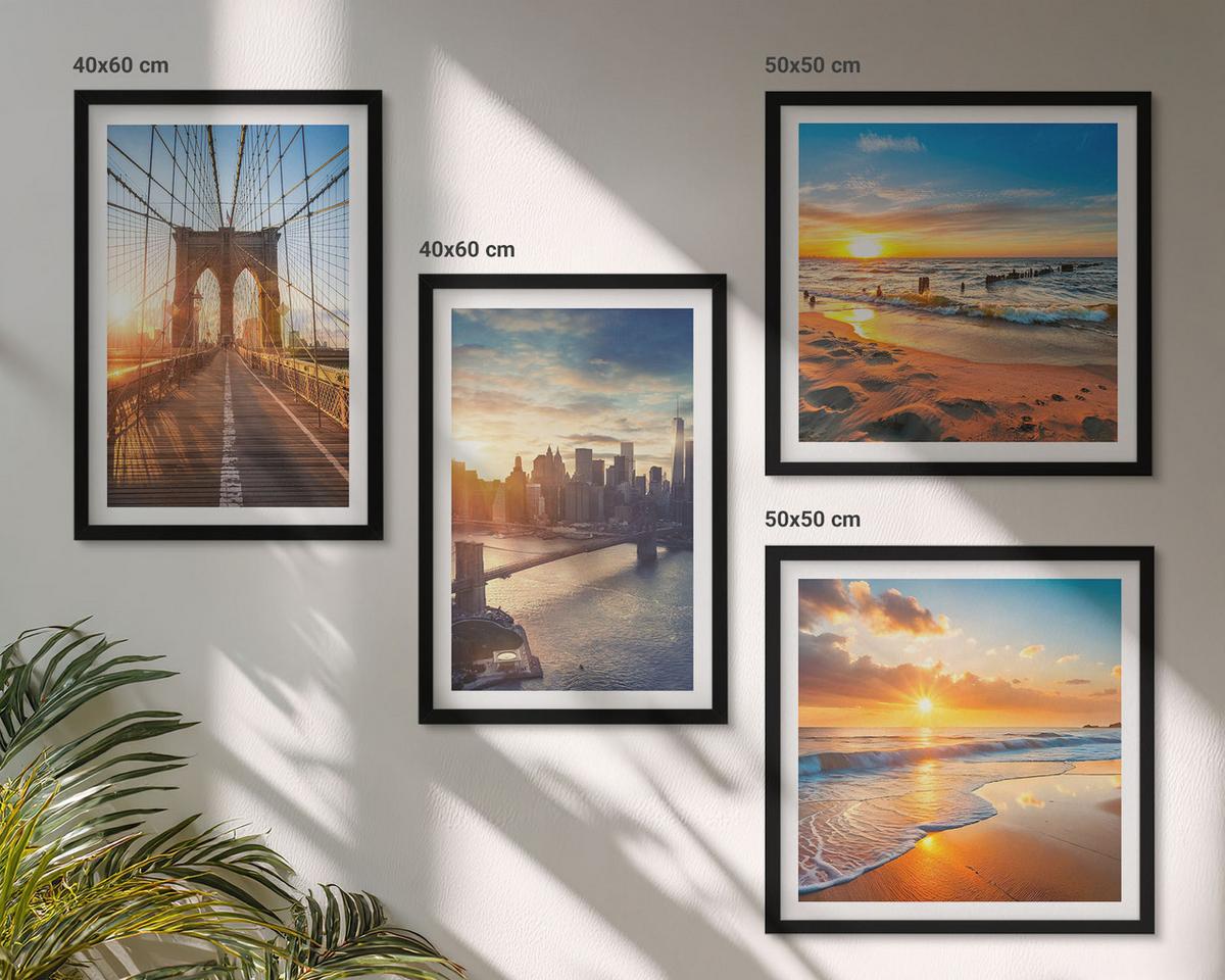 BILDER SET 4er Set - 50x50 cm & 40x60 cm Schwarzer Rahmen - Brücken, Sonnenuntergänge, Stadt - Schwarz, Kunststoff (50/50cm) - TULUP