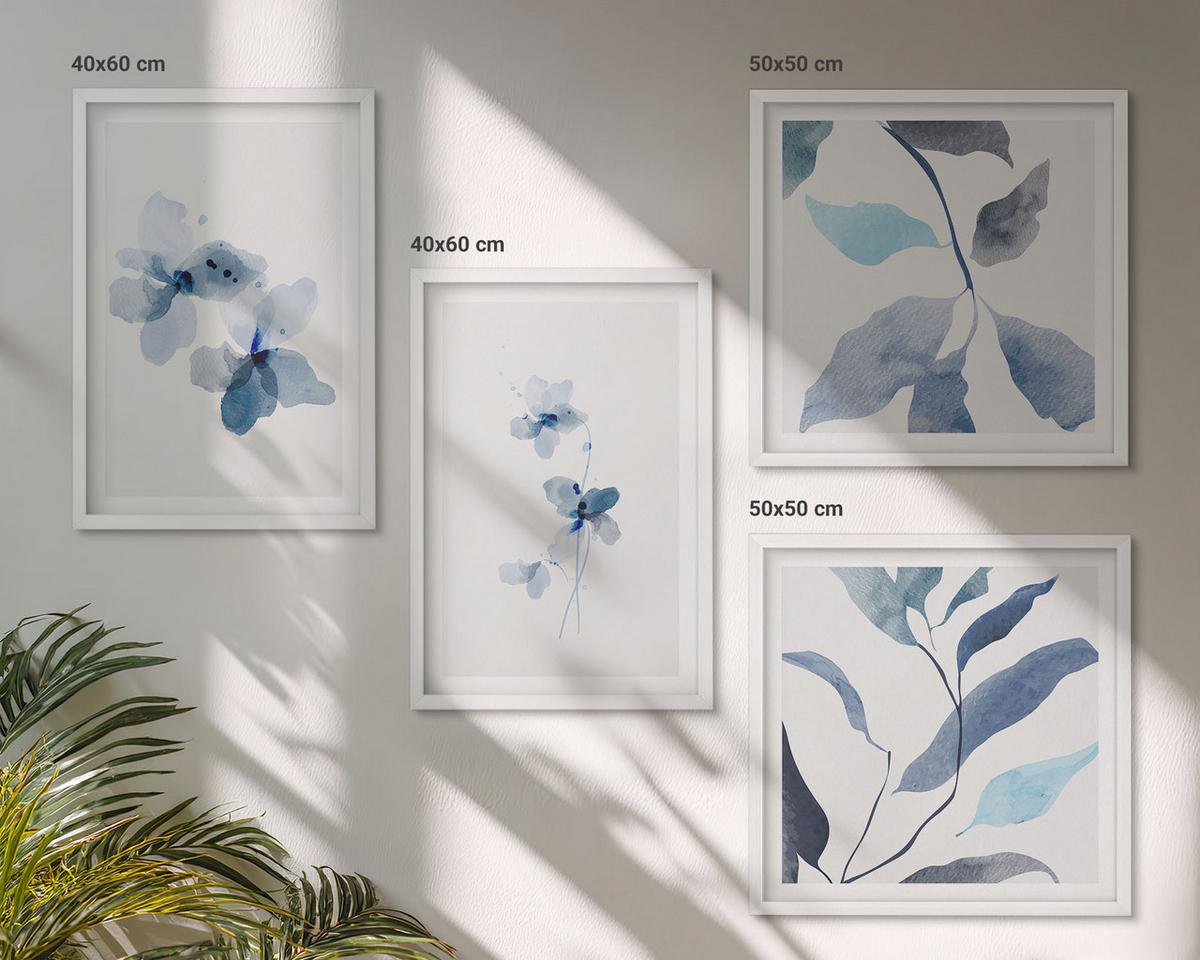BILDER SET 4er Set - 50x50 cm & 40x60 cm Weißer Rahmen - Minimalistische blaue Blumen - Weiß, Kunststoff (50/50cm) - TULUP