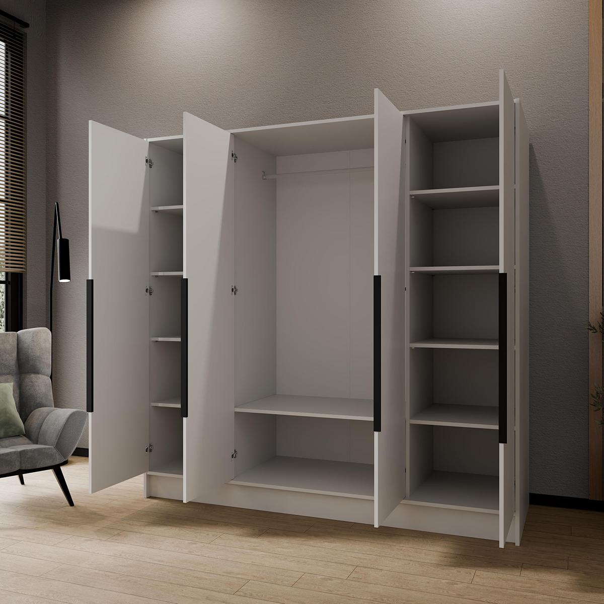 KLEIDERSCHRANK Mono Bis im Skandi-Stil, Drehtüren mit Schwarze Metallgriffe, Weiß 200/200/51 cm - Weiß, Holzwerkstoff (200/200/51cm) - WFL GROUP
