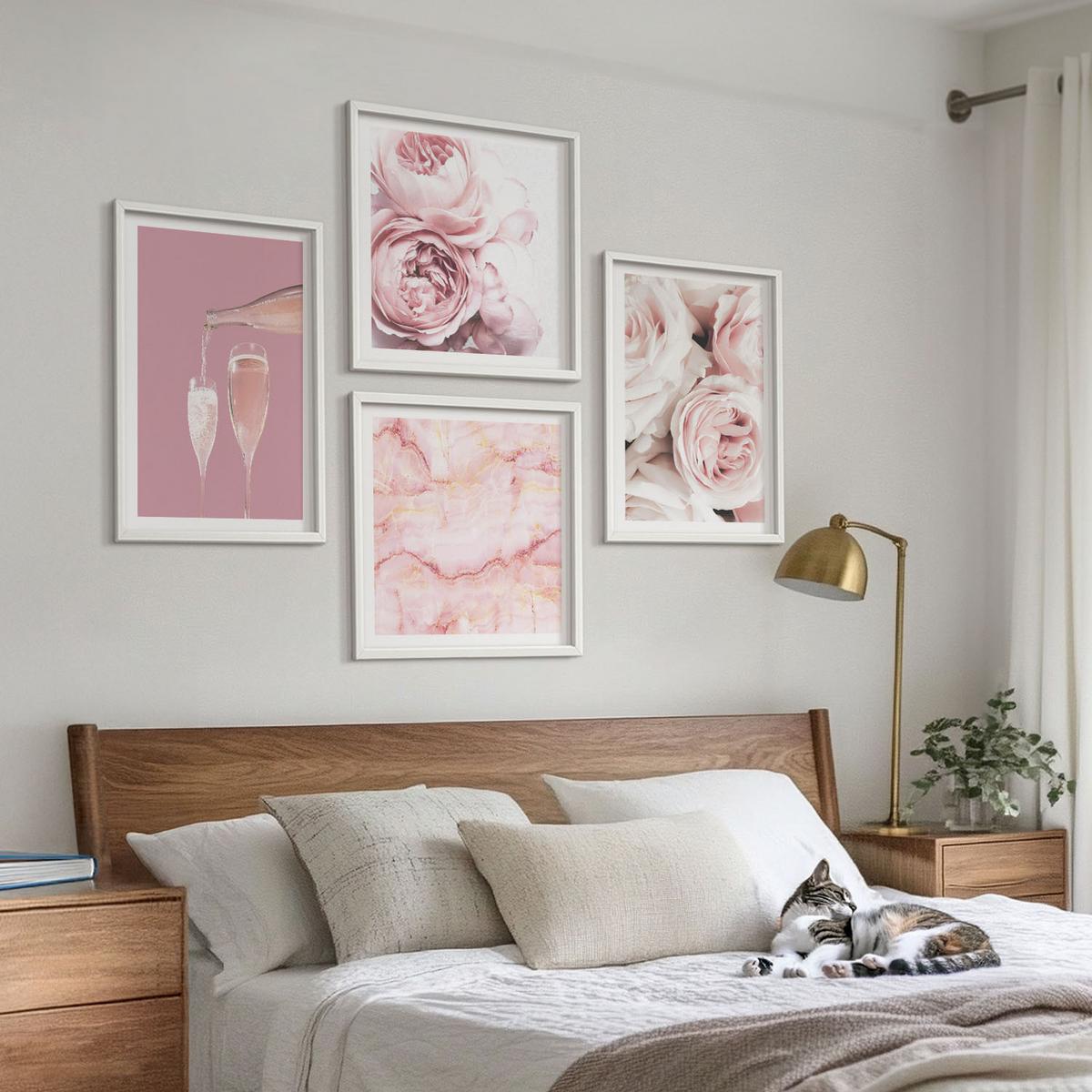 BILDER SET 4er Set - 50x50 cm & 40x60 cm Weißer Rahmen - Rosen, Champagner, Marmor, Pastell - Weiß, Kunststoff (50/50cm) - TULUP