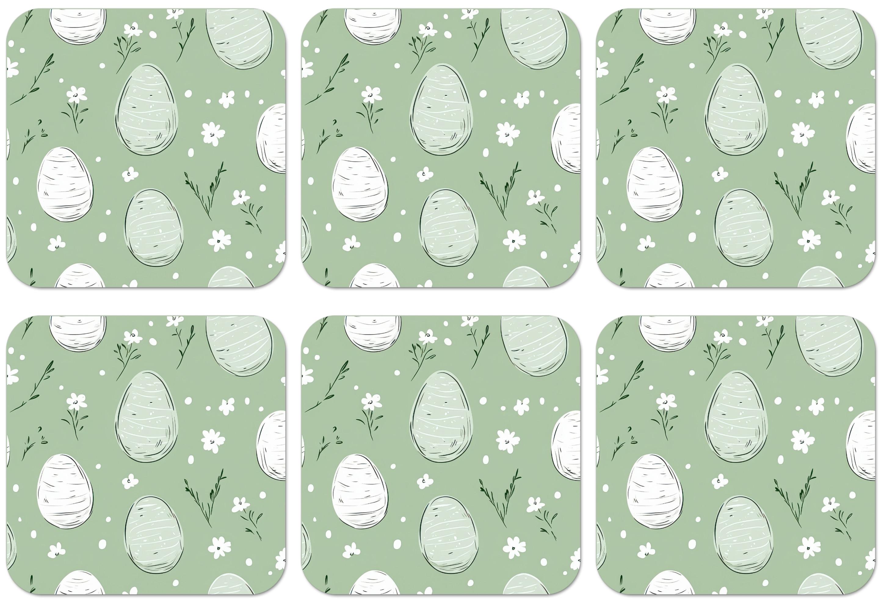 GLASUNTERSETZER 6er-Set Grün - Eier - Muster Tischset für Gläser 10x10 cm - Hellgrün, Naturmaterialien (10/0.2cm) - MuchoWow