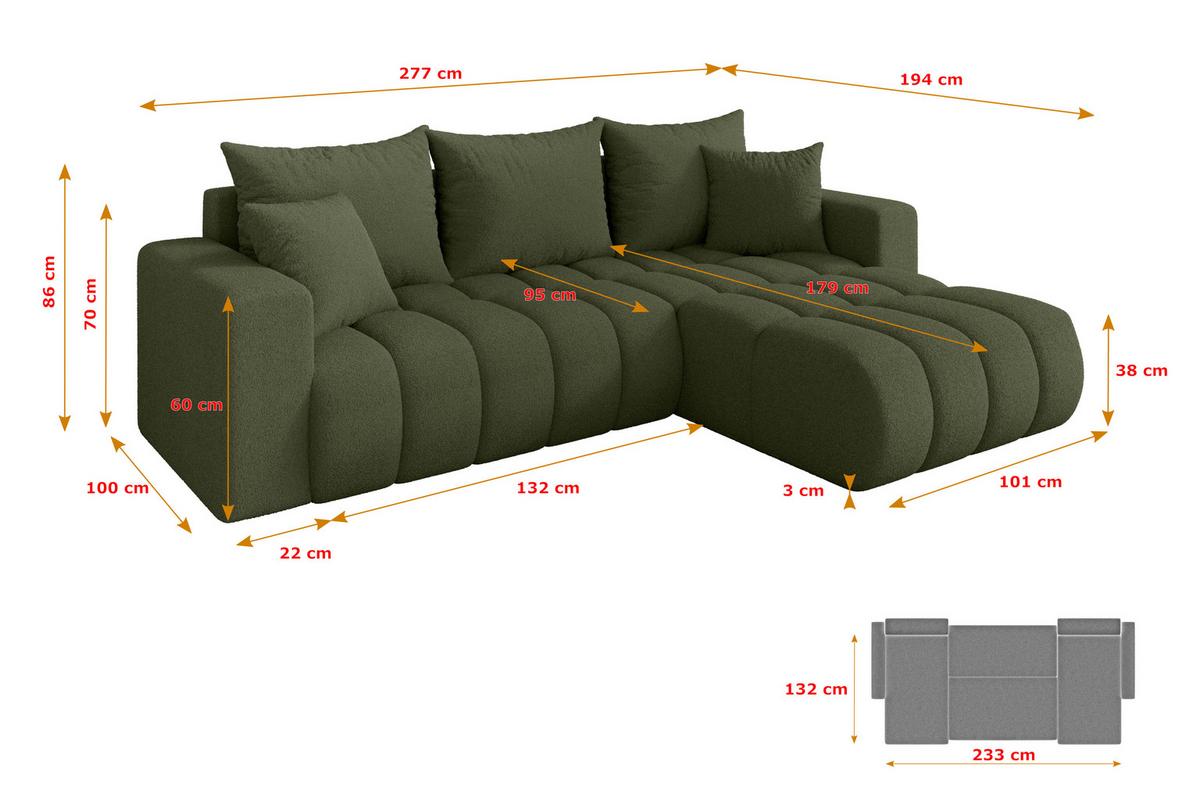 ECKSOFA mit Schlaffunktion Ottomane Rechts MILA-L-v1 277x195x86 Grün Bouclé - Schwarz/Olivgrün, Holzwerkstoff/Kunststoff (277/194cm) - ALTDECOR