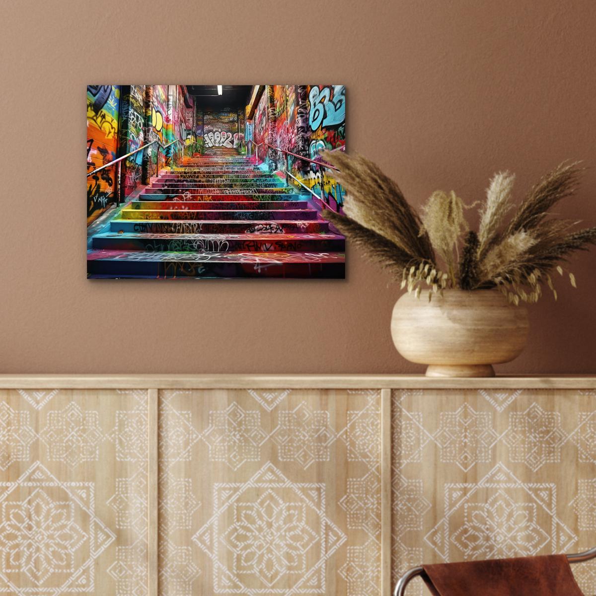 METALLBILD Treppe - Graffiti - Farben - Kunst 40x30 cm - Multicolor, Metall (40/30cm) - MuchoWow