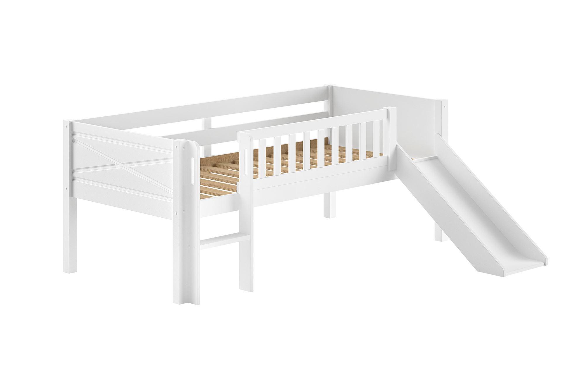 SPIELBETT mit Rutsche 90x200 Karyl Massivholz Kiefer weiß mit Stauraum - Weiß, Holz (90/200cm) - 58aufmkessel