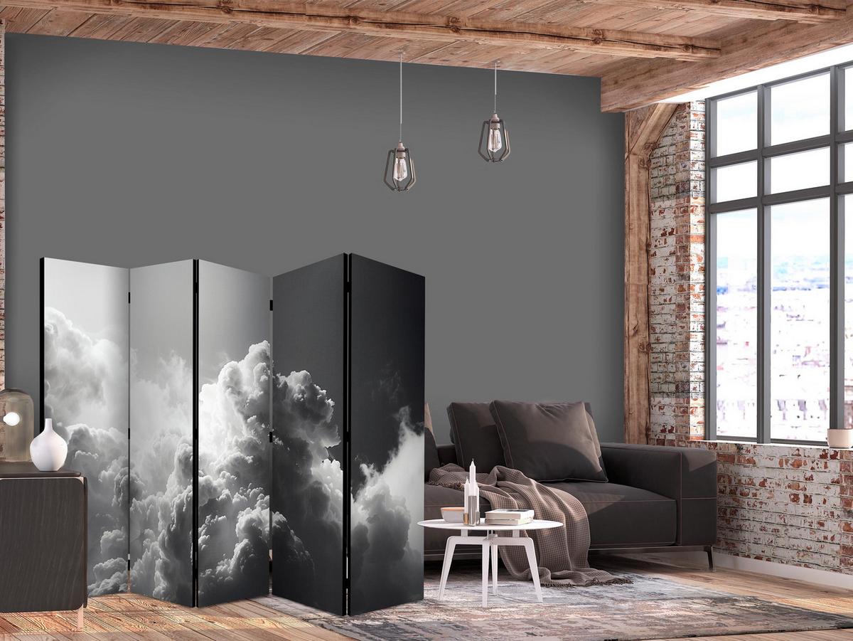 PARAVENT Akustik 5-tlg 225x172 cm Schwarz-Weisser Himmel - Schwarz, Holz/Textil (225/172/3cm) - Muralo