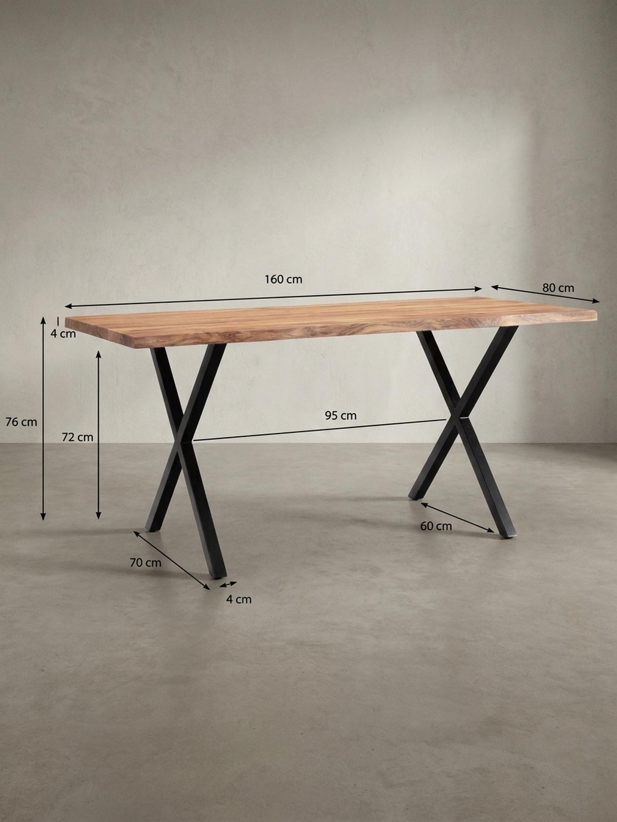 ESSTISCH Massivholz Metall X-Gestell Baumkante Industrial KRETA, Goldbraun-Schwarz 160x80x76 cm - Schwarz/Braun, Holz/Metall (80/160/76cm) - KADIMA DESIGN