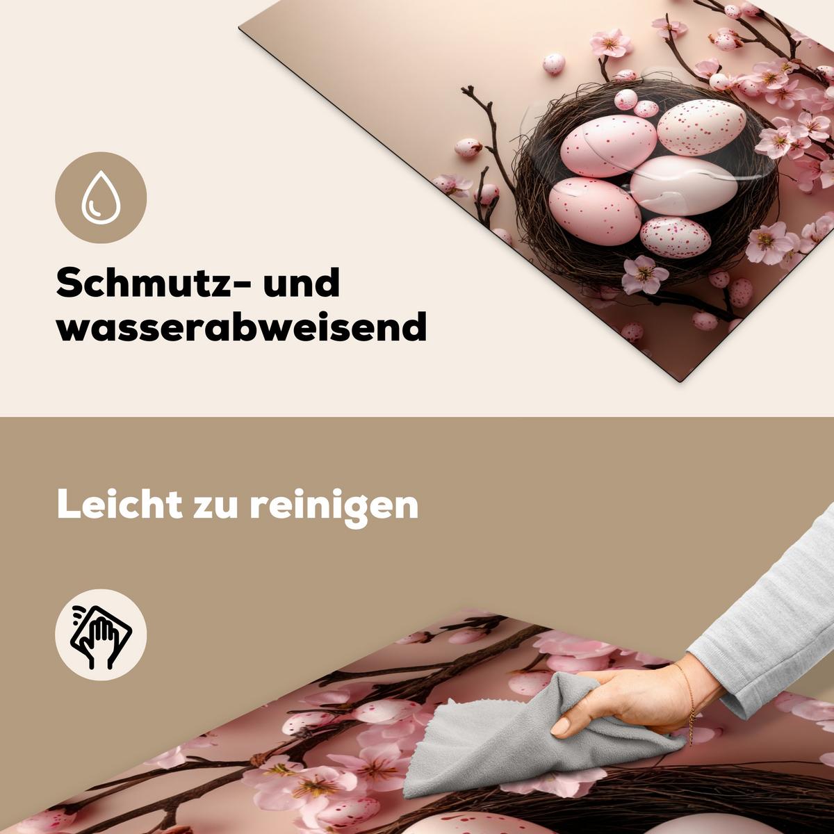 HERDABDECKPLATTE Rosa - Blüten - Eier Induktionsmatte 83x51 cm - Hellrosa, Kunststoff (83/51.5/0.2cm) - MuchoWow
