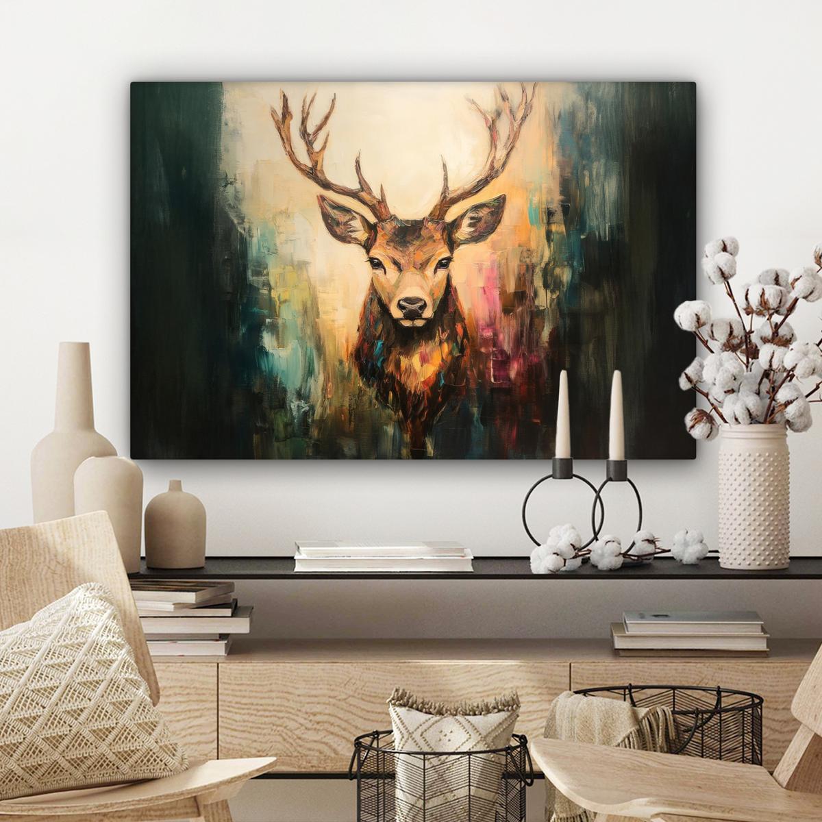 LEINWANDBILD Hirsch - Gemalt - Geweih - Braun Wanddeko 90x60 cm - Haselnussfarben, Textil (90/60cm) - MuchoWow