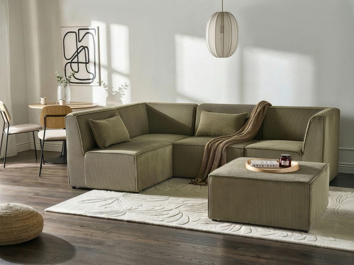 ECKSOFA Modul 4-Sitzer rechtsseitig Grün Cord mit Ottomane Lemvig - Grün, Textil (250/166cm) - Beliani