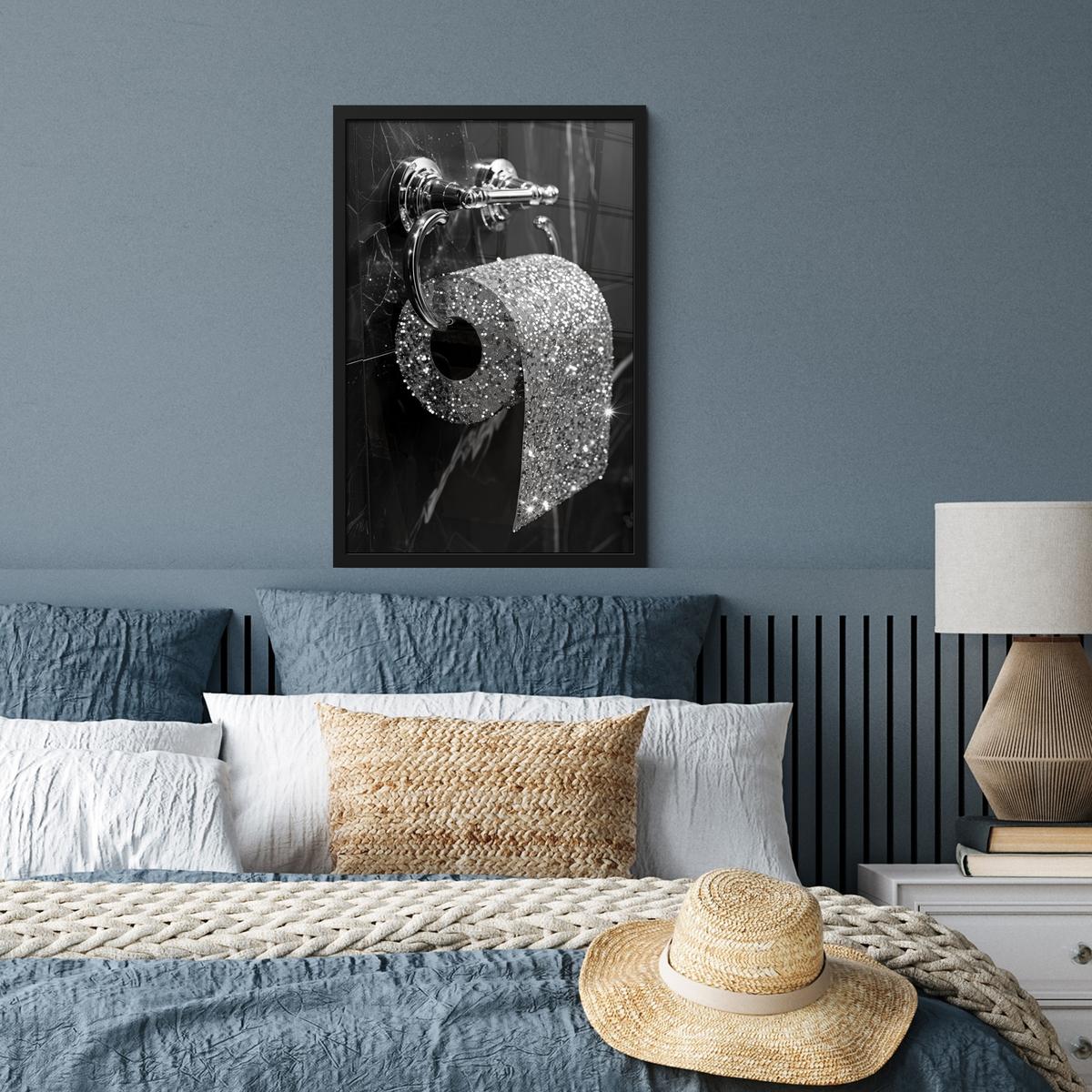 POSTER MIT RAHMEN WC - Toilettenpapier - Schwarz und weiß - Glitter Bilder mit Rahmen 40x60 cm - Silberfarben, Papier (40/60cm) - MuchoWow