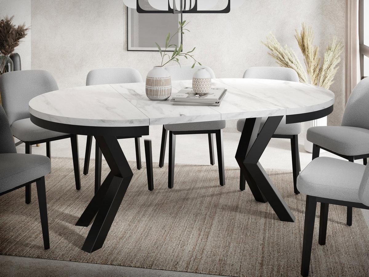 ESSTISCH Clara runder ausziehbarer, Marmor Weiß 120-200/120/76 cm - Ecru/Schwarz, Holzwerkstoff/Metall (120/200/76cm) - WFL GROUP