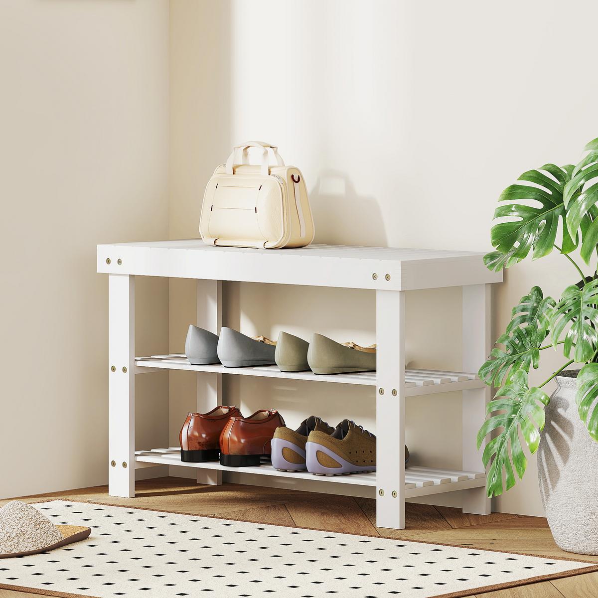 SCHUHBANK aus Bambus mit 2 Ablagen, Sitzbank mit Stauraum 70x28x45 cm, Weiß - Weiß, Naturmaterialien (28/45/70cm) - HOMCOM