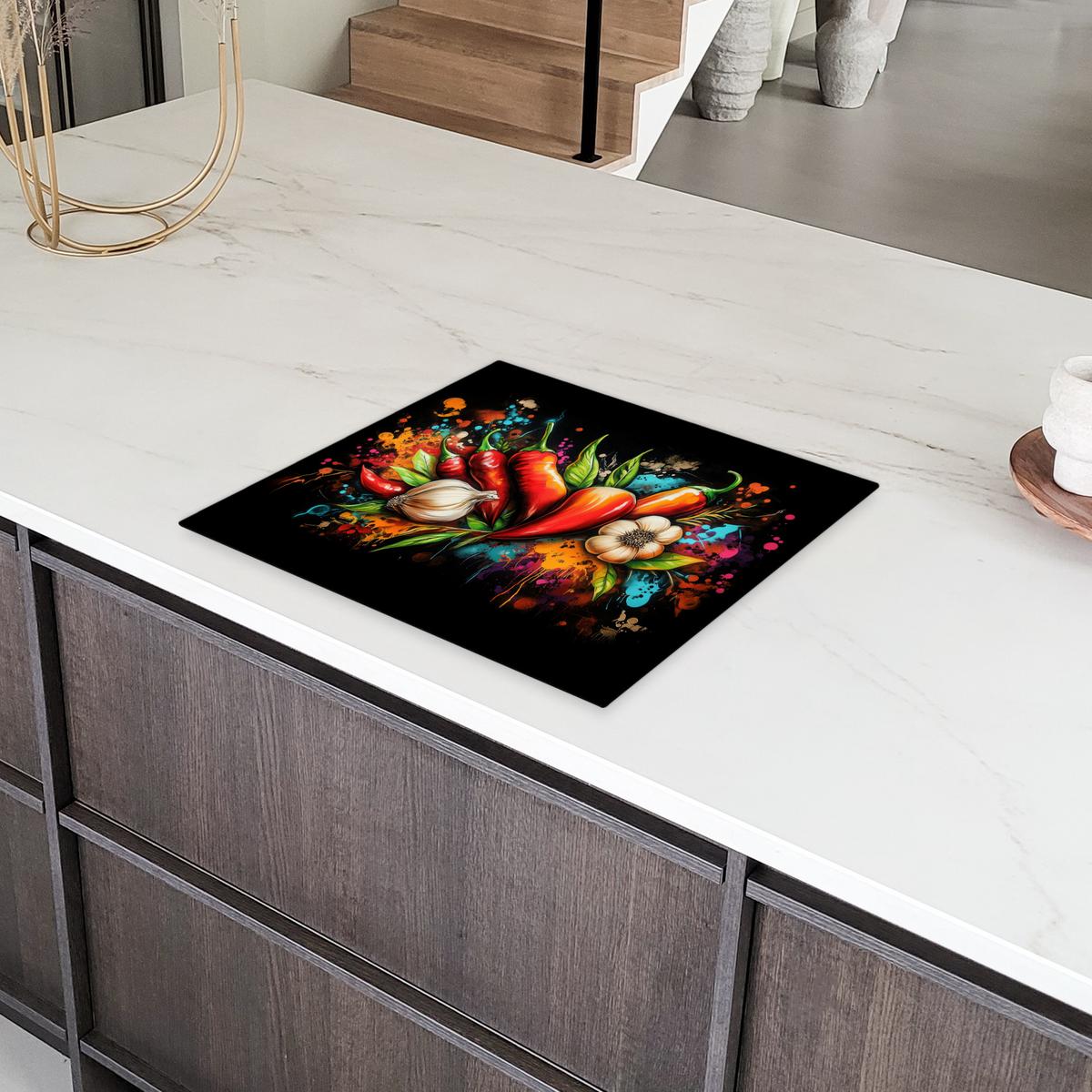 HERDABDECKPLATTE Gemüse - Paprika - Knoblauch - Graffiti - Farbe - Bunt Ceranfeldabdeckung 59x52 cm - Rot, Kunststoff (59/52/0.2cm) - MuchoWow