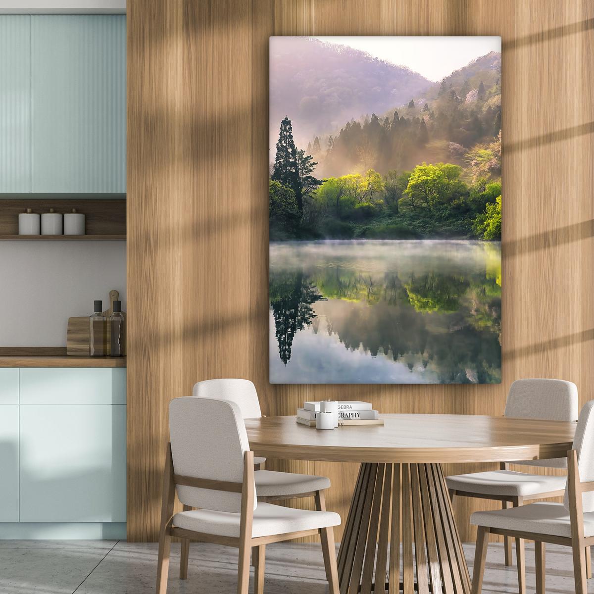 LEINWANDBILD Natur - Bäume - Berge - See - Wasser Deko XXL 80x120 cm - Hellgrün, Textil (80/120cm) - MuchoWow