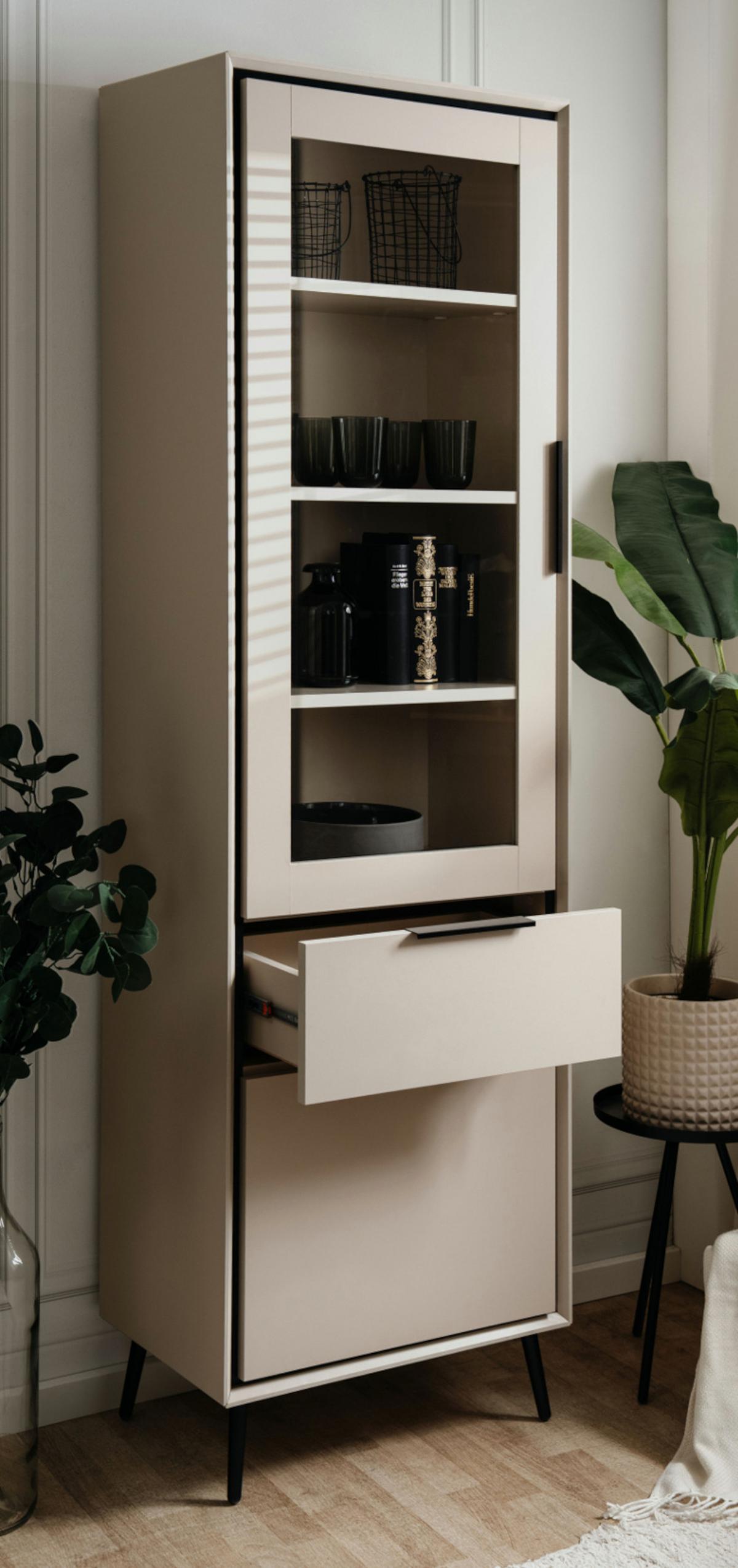 VITRINE sand, schwarz 60 cm, Vitrinenschrank mit Soft-Close-Funktion - Sandfarben/Schwarz, Glas/Holzwerkstoff (60/200/38cm) - Furn.Design