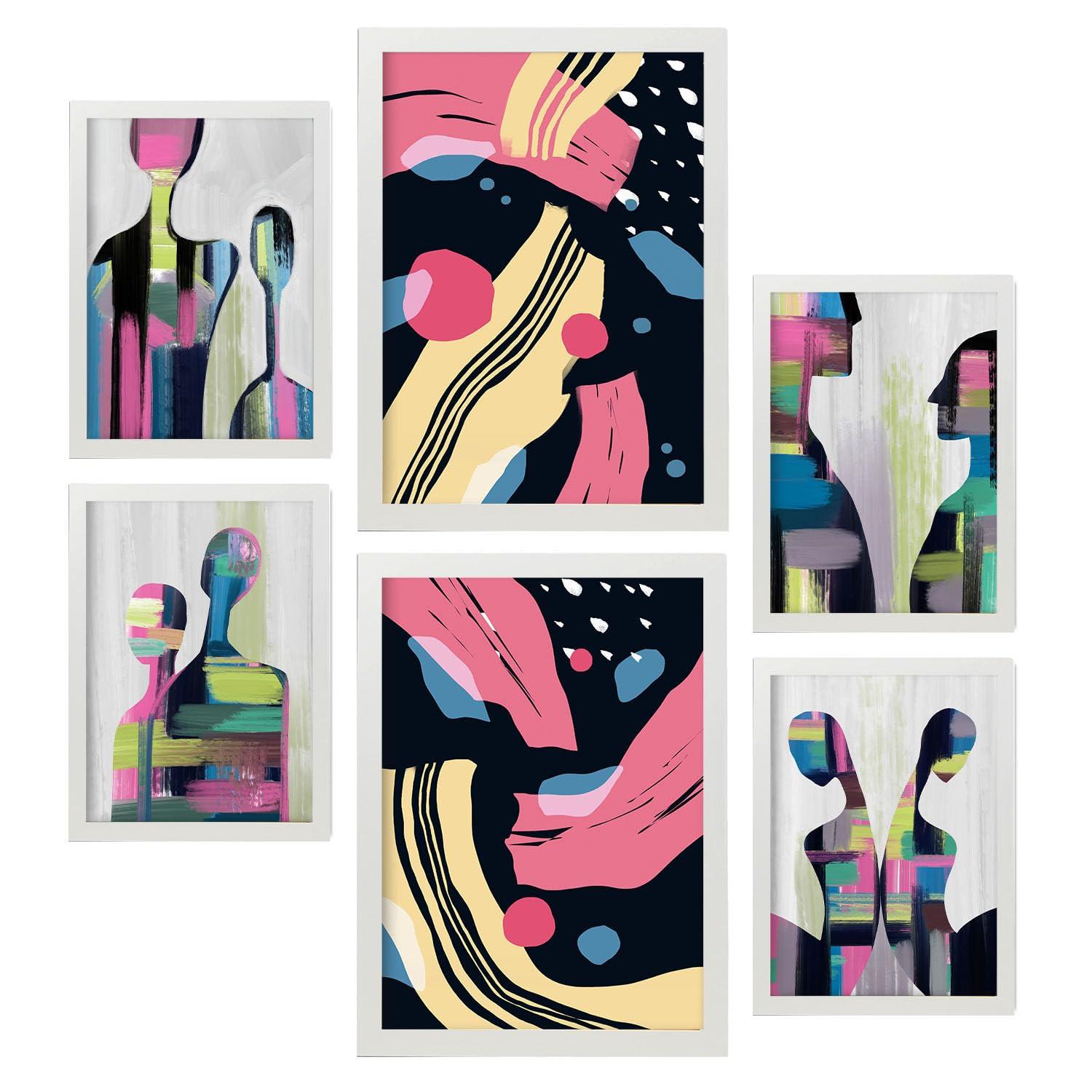 POSTER Set Mit 6 Verhaltensmodi In Liebhaber Abstrakt Ästhetische Dekorative Gemälde Für Ihr Wohnzimmer, Schlafzimmer, Zuhause A3 & A4 Weißer Rahmen - Weiß, Papier (29/3cm) - Nacnic