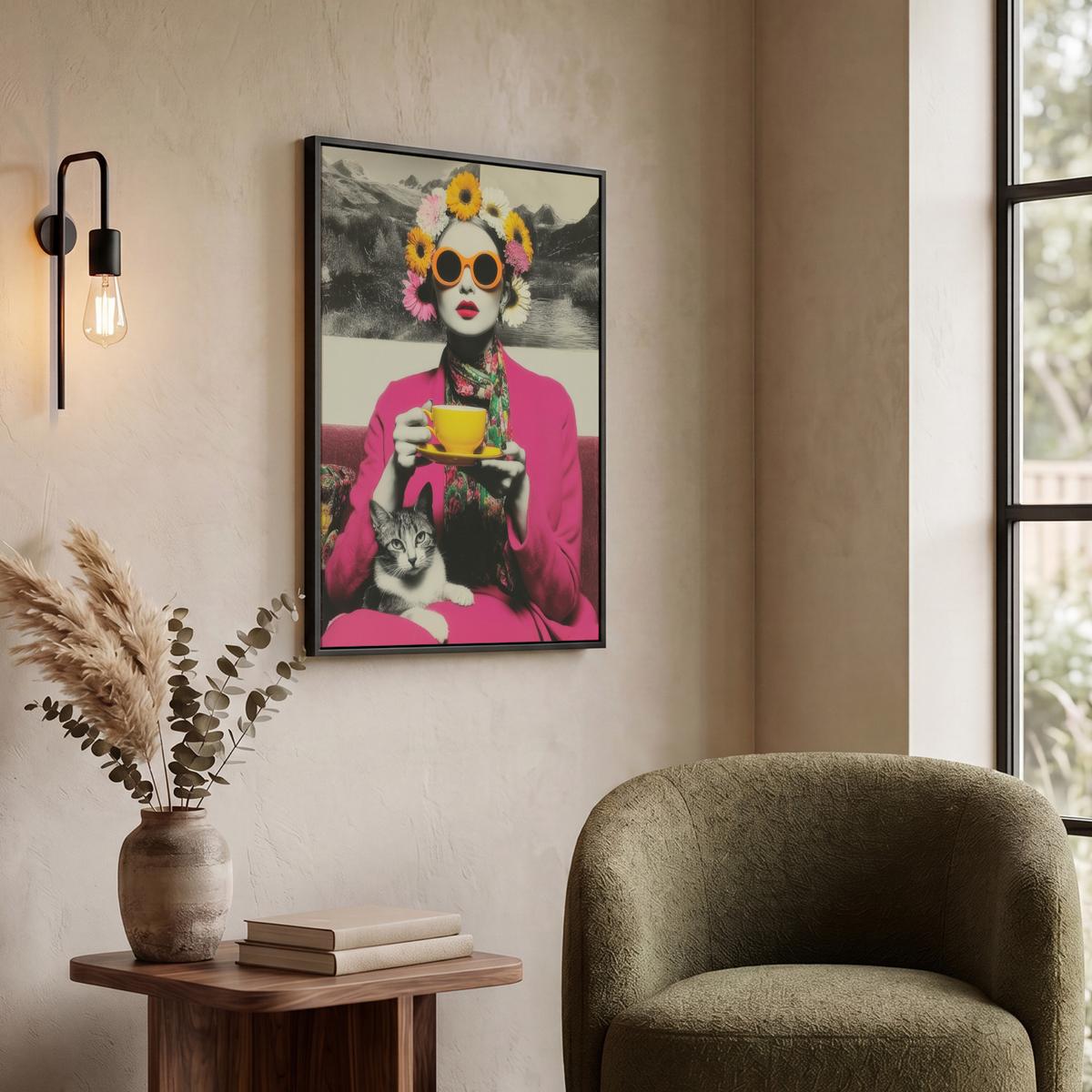 LEINWAND Bilder mit Rahmen - Frau - Katze - Blumen - Tasse - Retro - 60x80 - Magenta, Textil (60/80cm) - MuchoWow