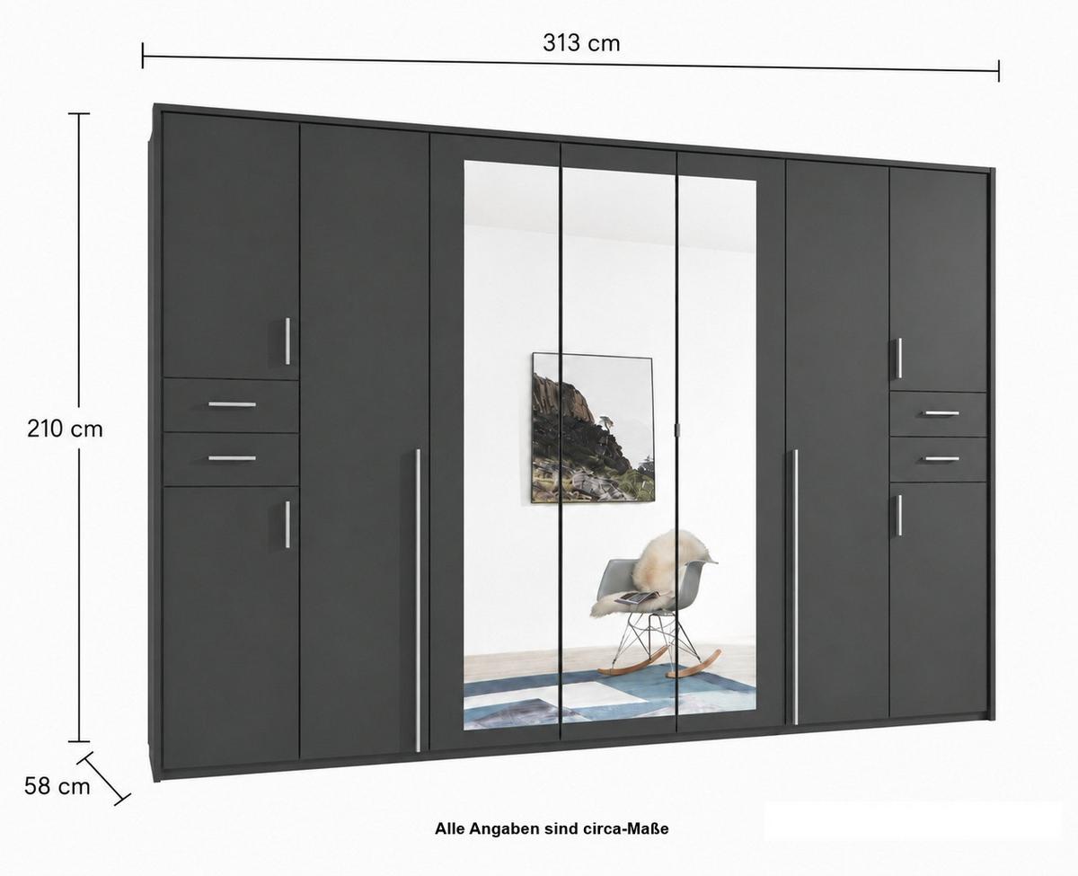 DREHTÜRENSCHRANK B313/H210/T58 cm in Grafit, Kleiderschrank mit Passepartout & 3 Spiegeltüren & Schubkästen, Griffe alufarbig / 22583 - Silberfarben/Graphitfarben, Holzwerkstoff/Kunststoff (313/210/58cm) - luma-home