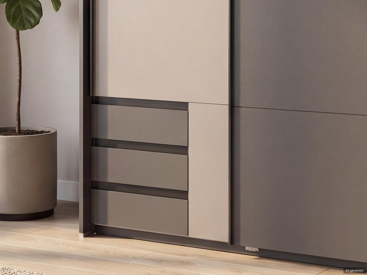 SCHWEBETÜRENSCHRANK 2-türig B138/H200/T65 cm, Passepartout-Kleiderschrank mit sichtbaren Schubkästen in Grafit, 1x Tür in Sandgrau / 22673 - Sandfarben/Graphitfarben, Holz/Holzwerkstoff (138/200/65cm) - luma-home