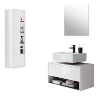 BADMÖBEL-SET 3-teilig weiß Hochglanz, grau, Badezimmerschränke mit LED Beleuchtung - Weiß Hochglanz/Grau, Glas/Holzwerkstoff (135/190/46cm) - Furn.Design