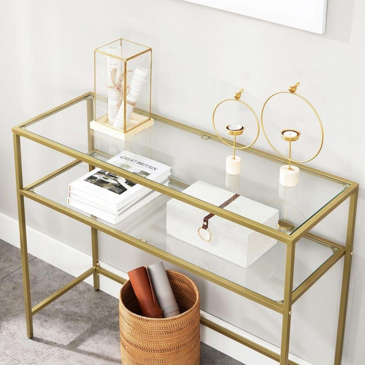 METALLKONSOLE mit 2 Regalen aus gehärtetem Glas 30/90/80 cm - Goldfarben, Metall (31/30/80cm) - Calicosy